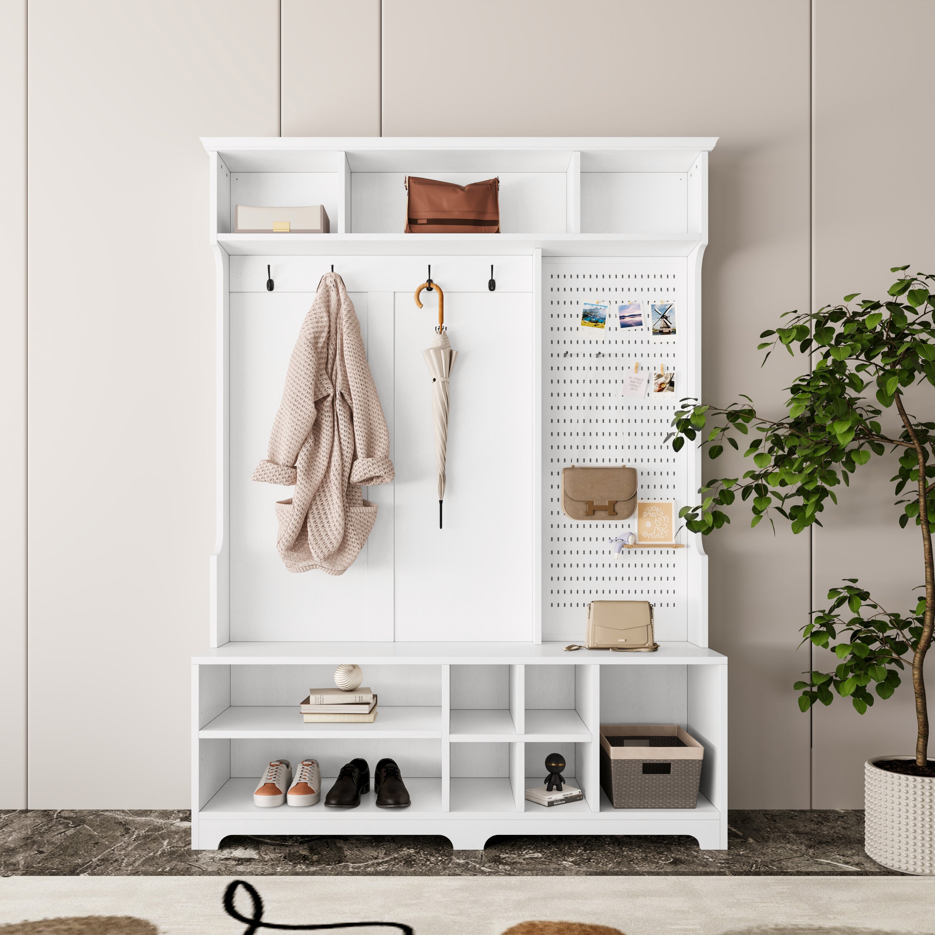🆓🚛 Hall Tree With Shoe Bench, Coat Rack, Shoe Storage, Storage Shelves and Pegboard, for Hallways, Halls and Bedrooms, White