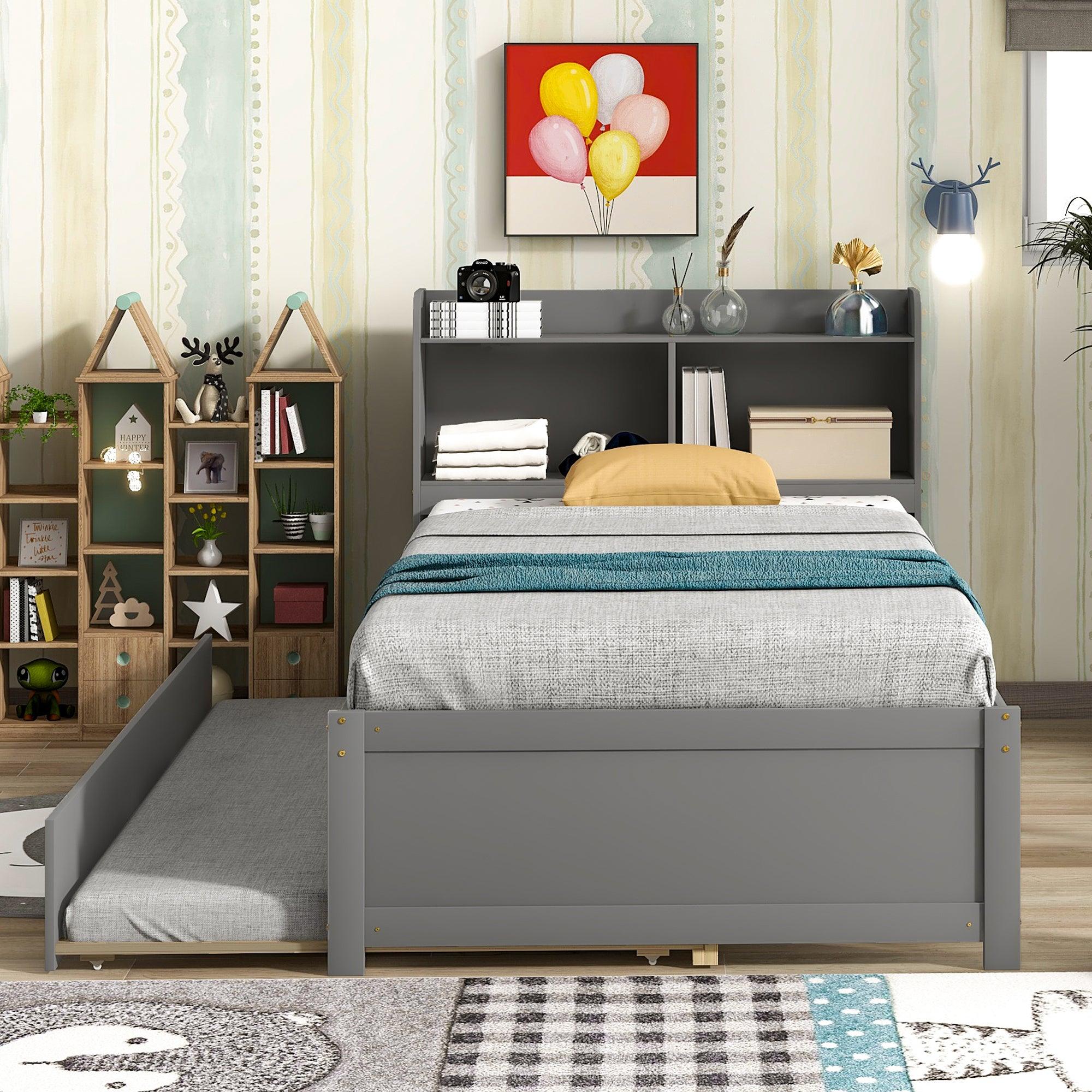 🆓🚛 Twin Bed With Trundle, Bookcase, Gray