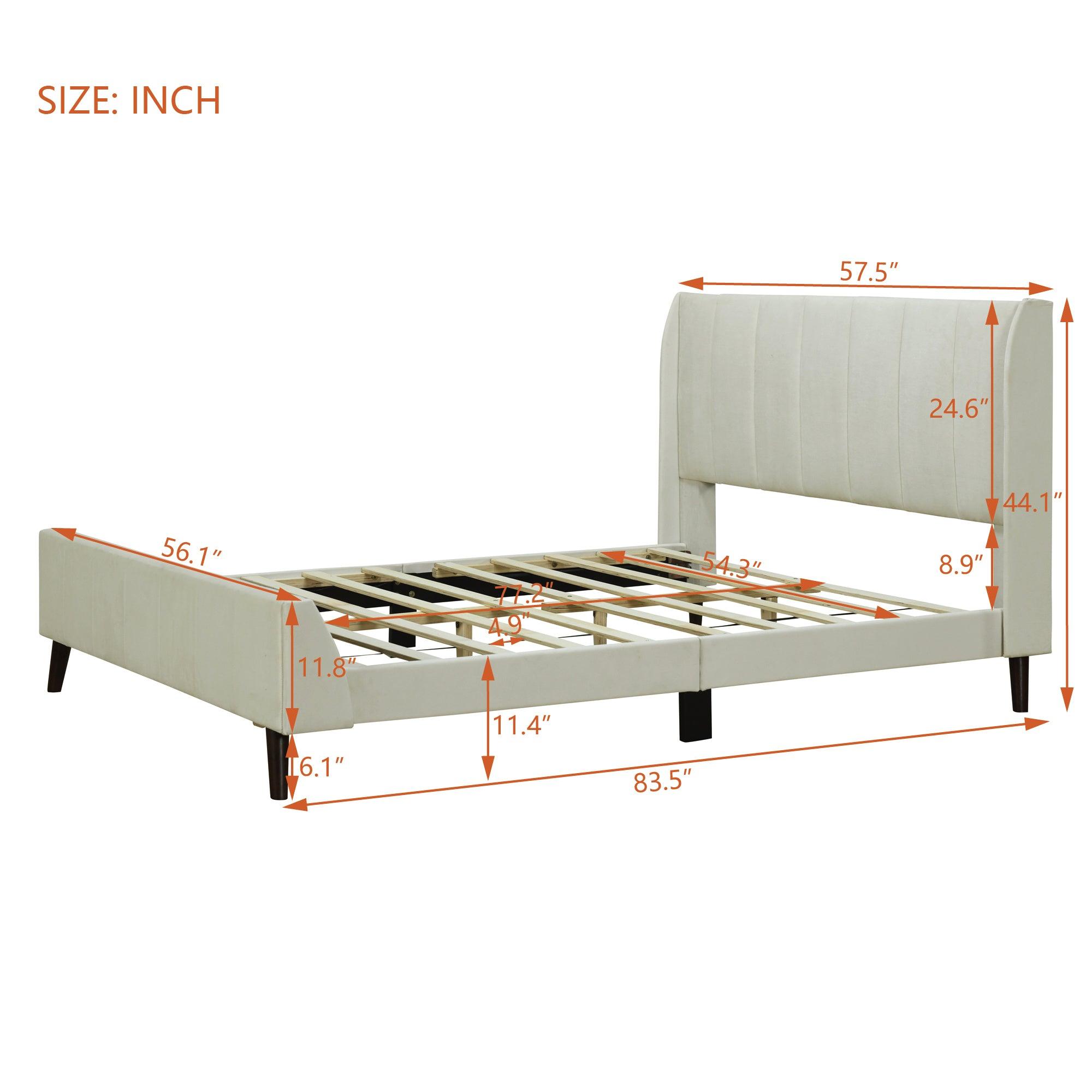 Full Size Upholstered Platform Bed, Velvet, Beige