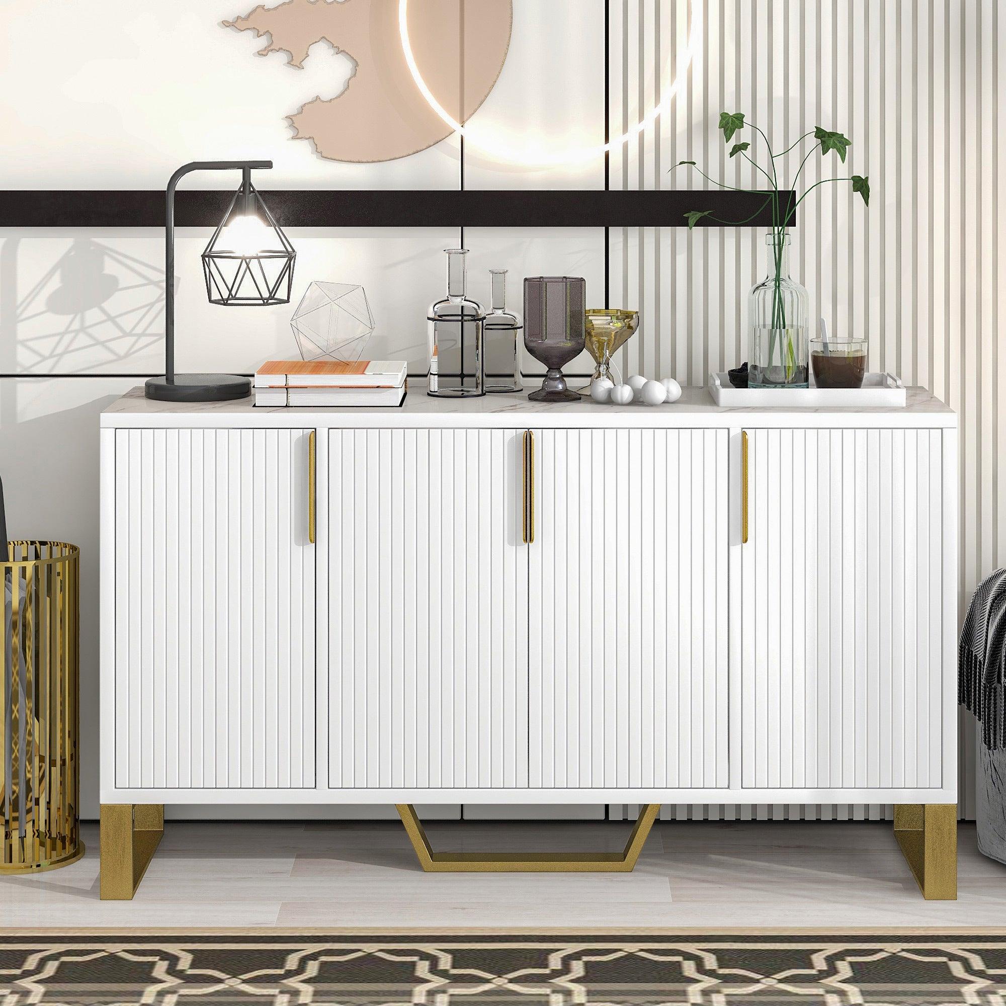 🆓🚛 Modern Sideboard With Four Doors, Metal Handles & Legs & Adjustable Shelves Kitchen Cabinet (White)