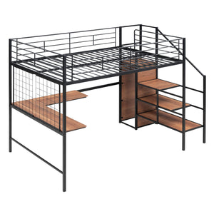 Full Size Metal Loft Bed with Desk and Metal Grid, Stylish Metal Frame Bed with Lateral Storage Ladder and Wardrobe, Black