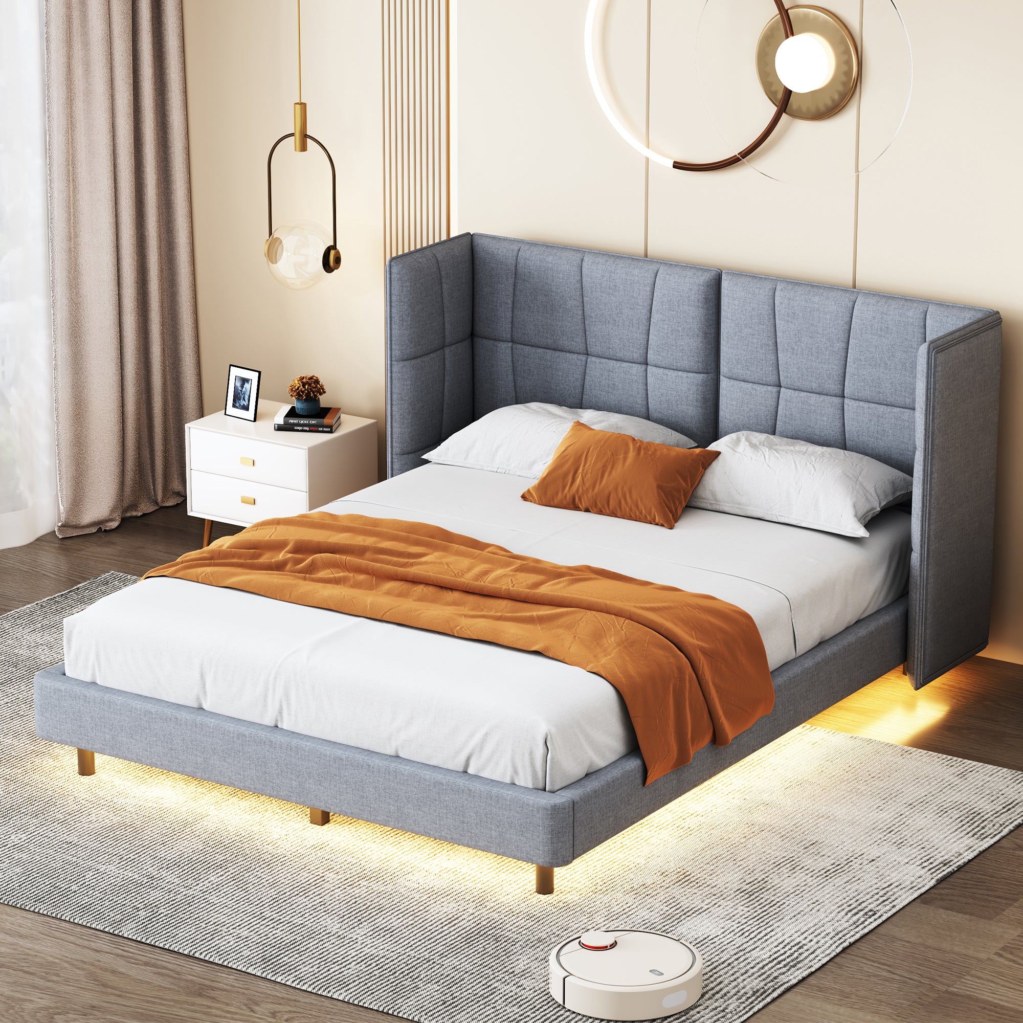 Queen Size Upholstered Platform Bed with LED Lights and U-Shaped Headboard, Linen Fabric, Gray