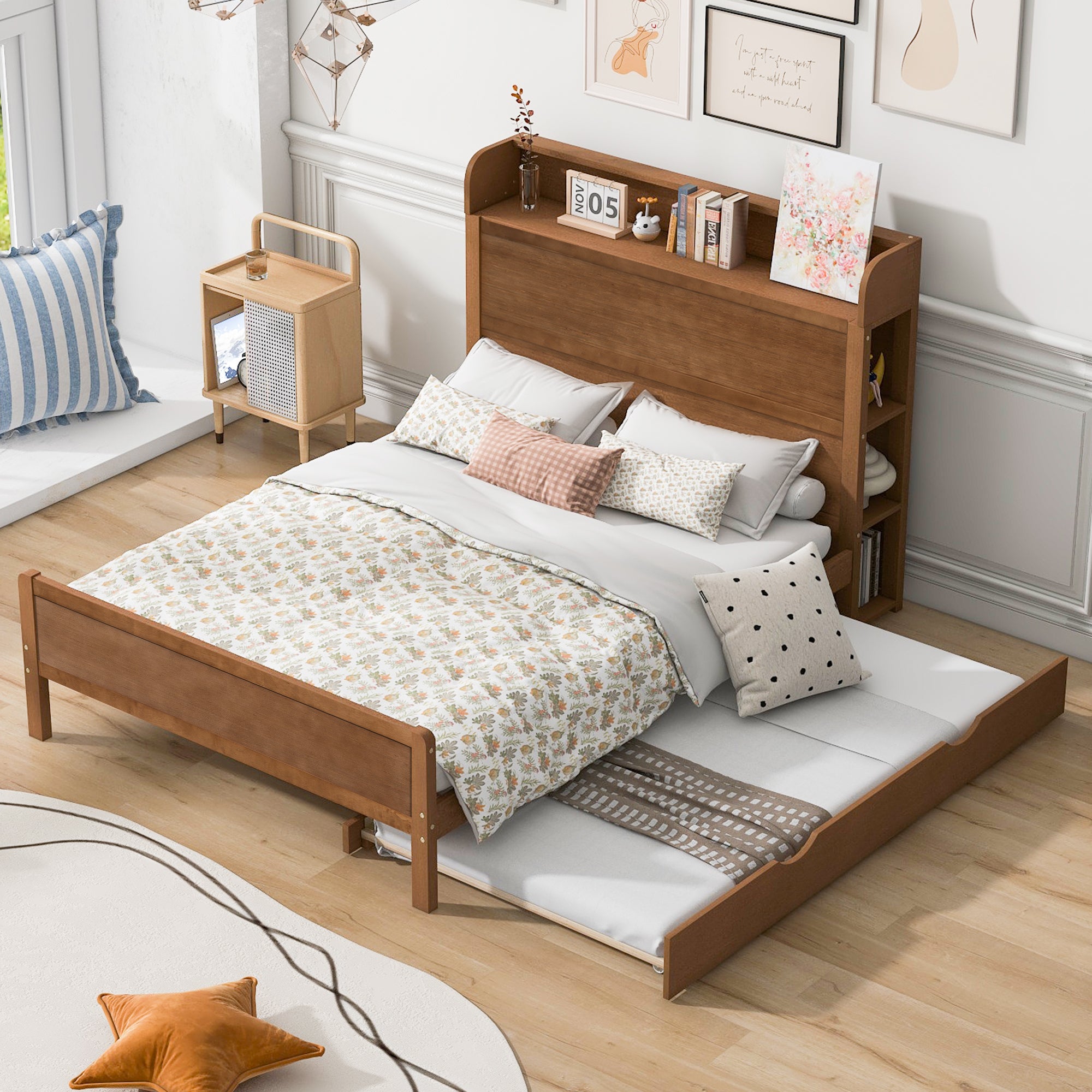 🆓🚛 Full Size Platform Bed With Storage Headboard and Twin Size Trundle, Walnut