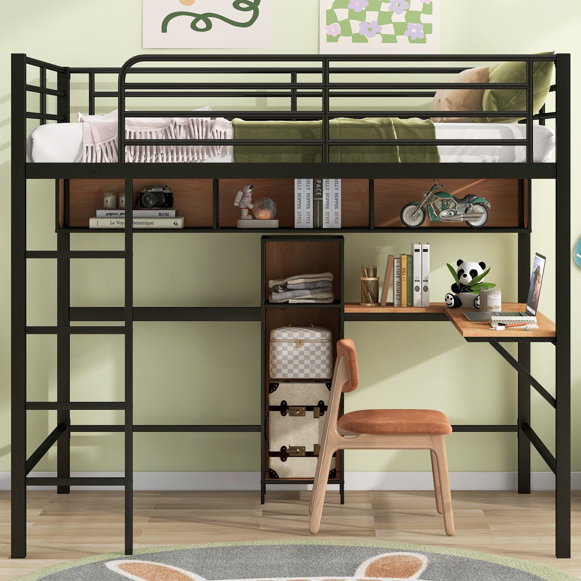 🆓🚛 Full Size Metal & Wood Loft Bed With L -Shaped Desk and Shelves, Black and Brown