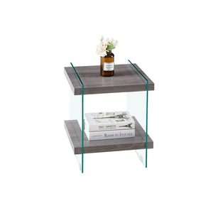 17.72" Sleek and Sturdy Tempered Glass Leg Side Table with Dual MDF Shelves, Modern nightstand  end table for living roon, bedroom, transparent/gray