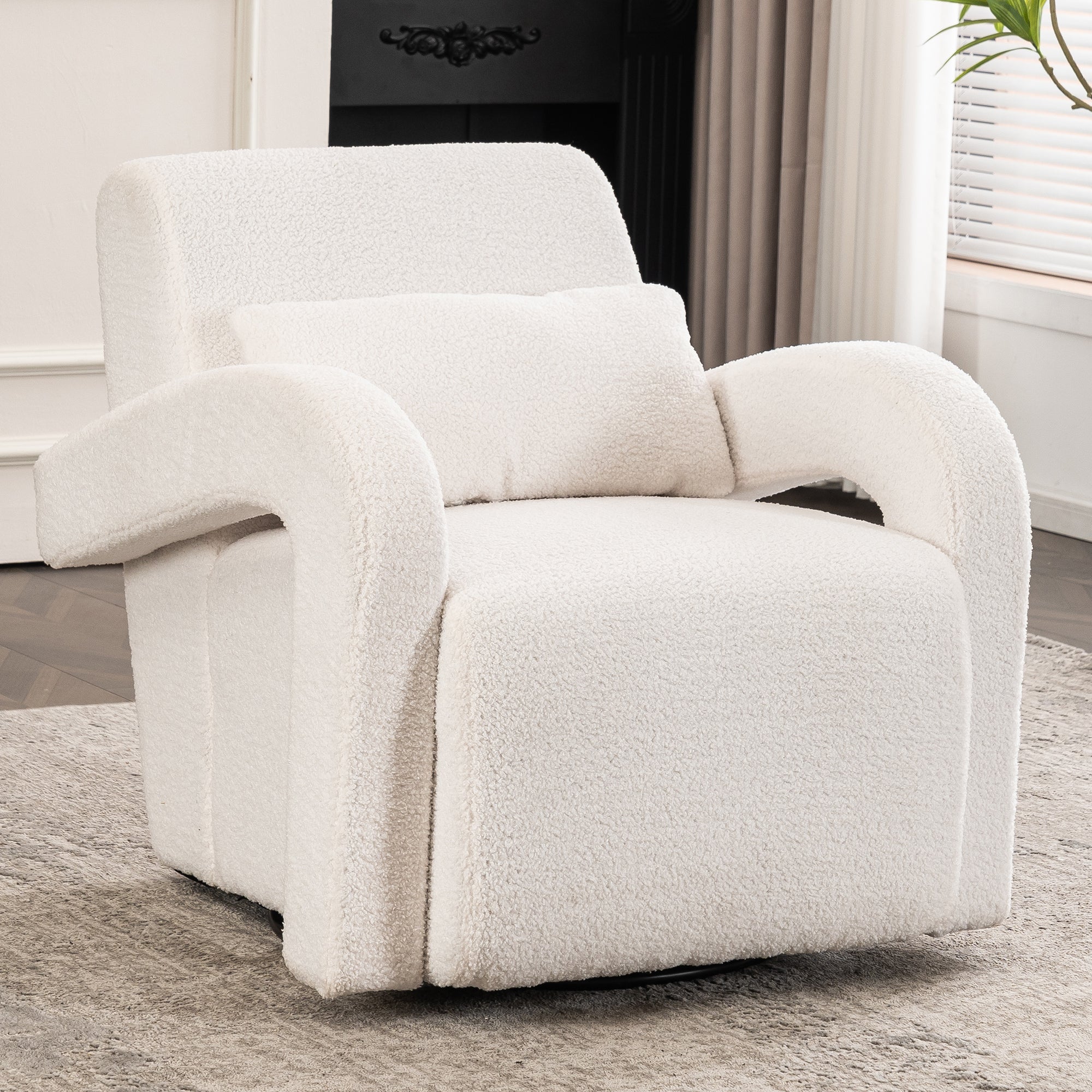 🆓🚛 Cozy Teddy Fabric Armchair - Modern Sturdy Lounge Chair With Curved Arms and Thick Cushioning for Plush Comfort, White