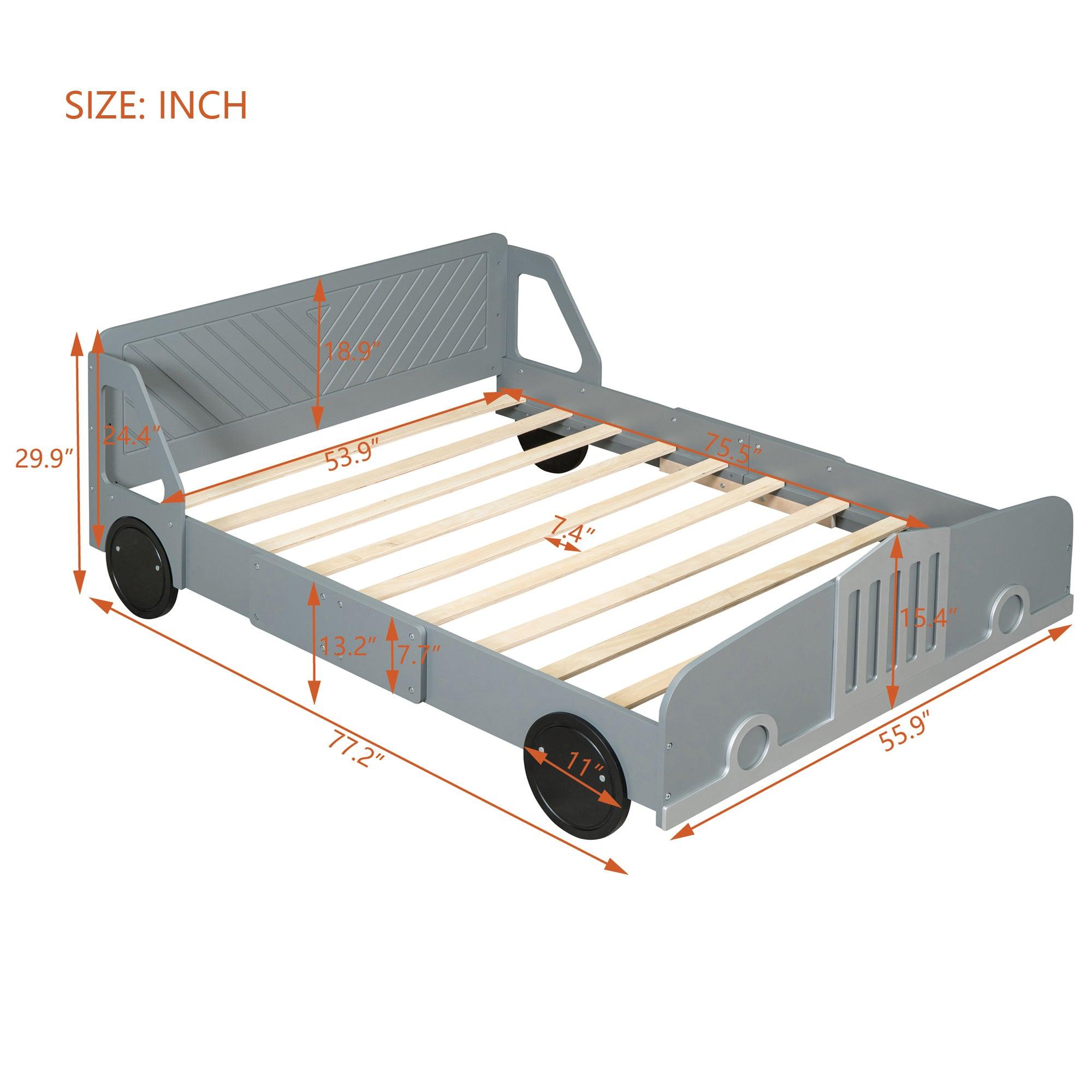 Full Size Car-Shaped Platform Bed with Wheels, Gray