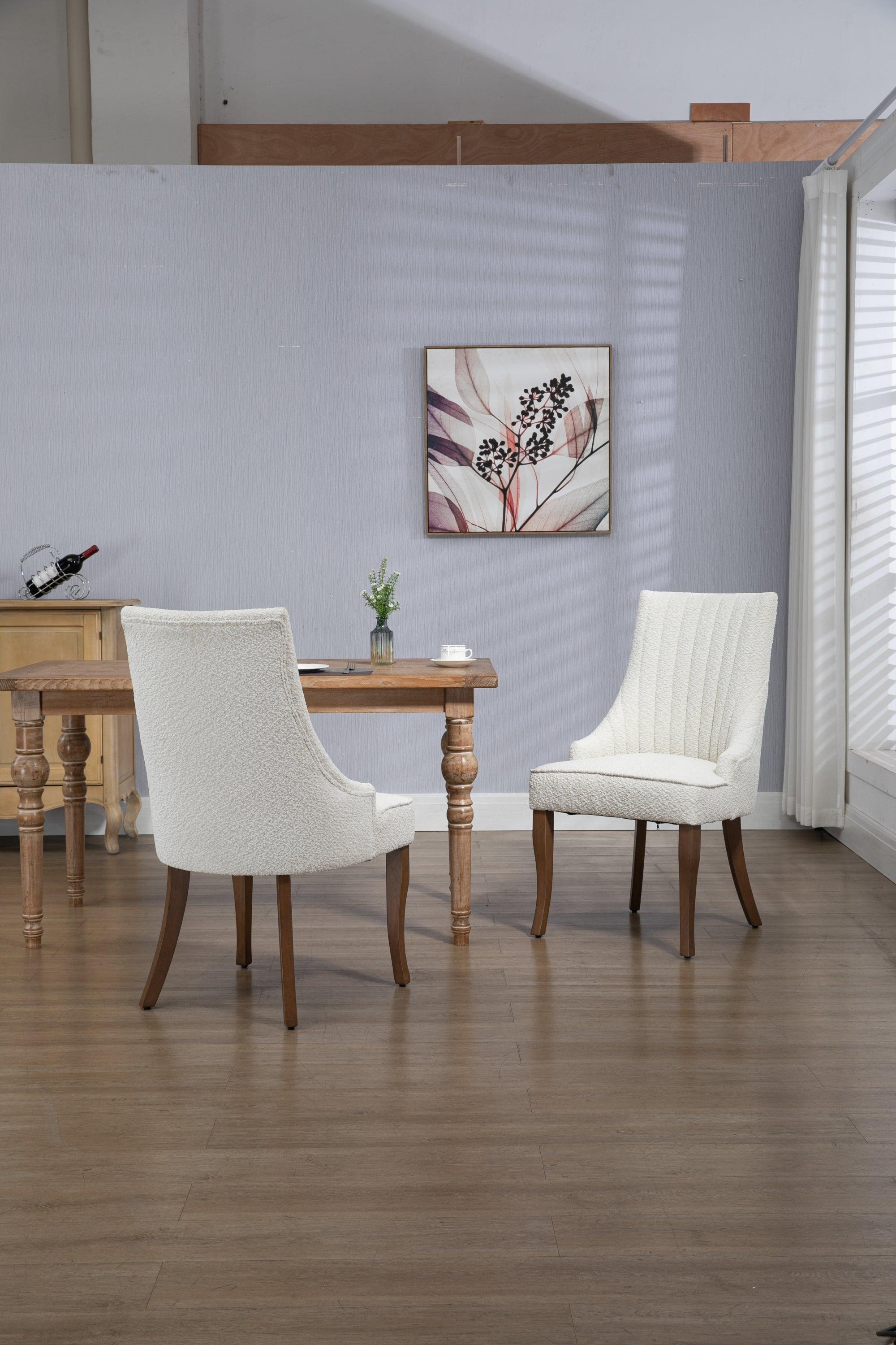 Exquisite White Boucle Upholstered Strip Back Dining Chair with Solid Wood Legs 2 Pcs