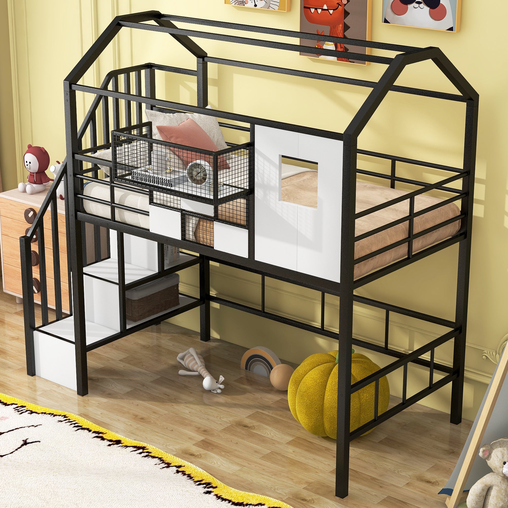 🆓🚛 Metal Loft Bed With Roof Design and a Storage Box, Twin, Black