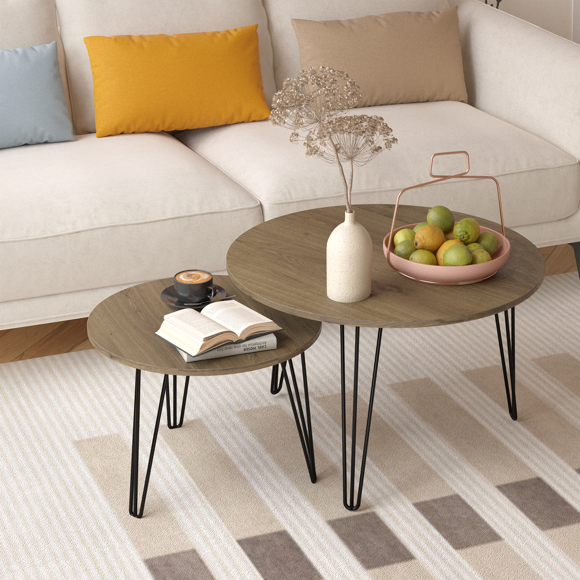 27.56'' Round Nesting Coffee Table Set of 2, Circular Nesting End Table Set, Round Wooden Tabletop, and Sturdy Metal Base for Living Room, Bedroom, Brown