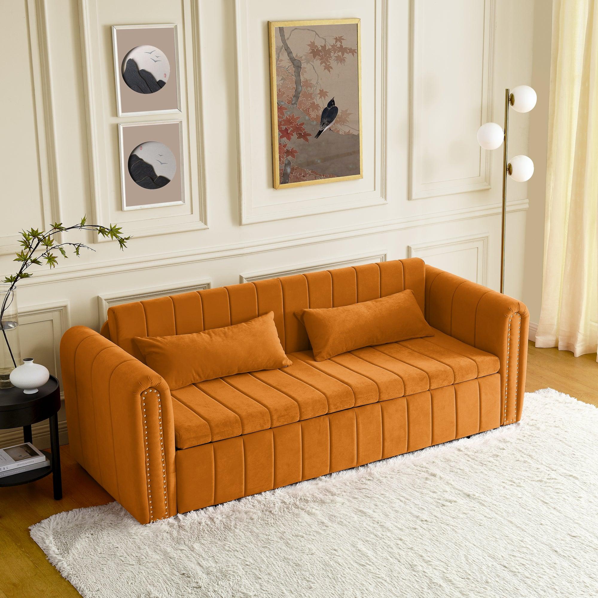 🆓🚛 3 in 1 Pull-Out Bed Sleeper Sofa, Rolled Arms, Copper Nails, 2 Drawers, 2 Pillows, Orange