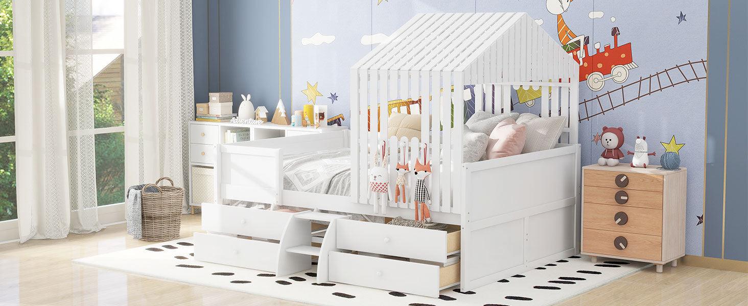 Full Size House Low Loft Bed with Four Drawers, White