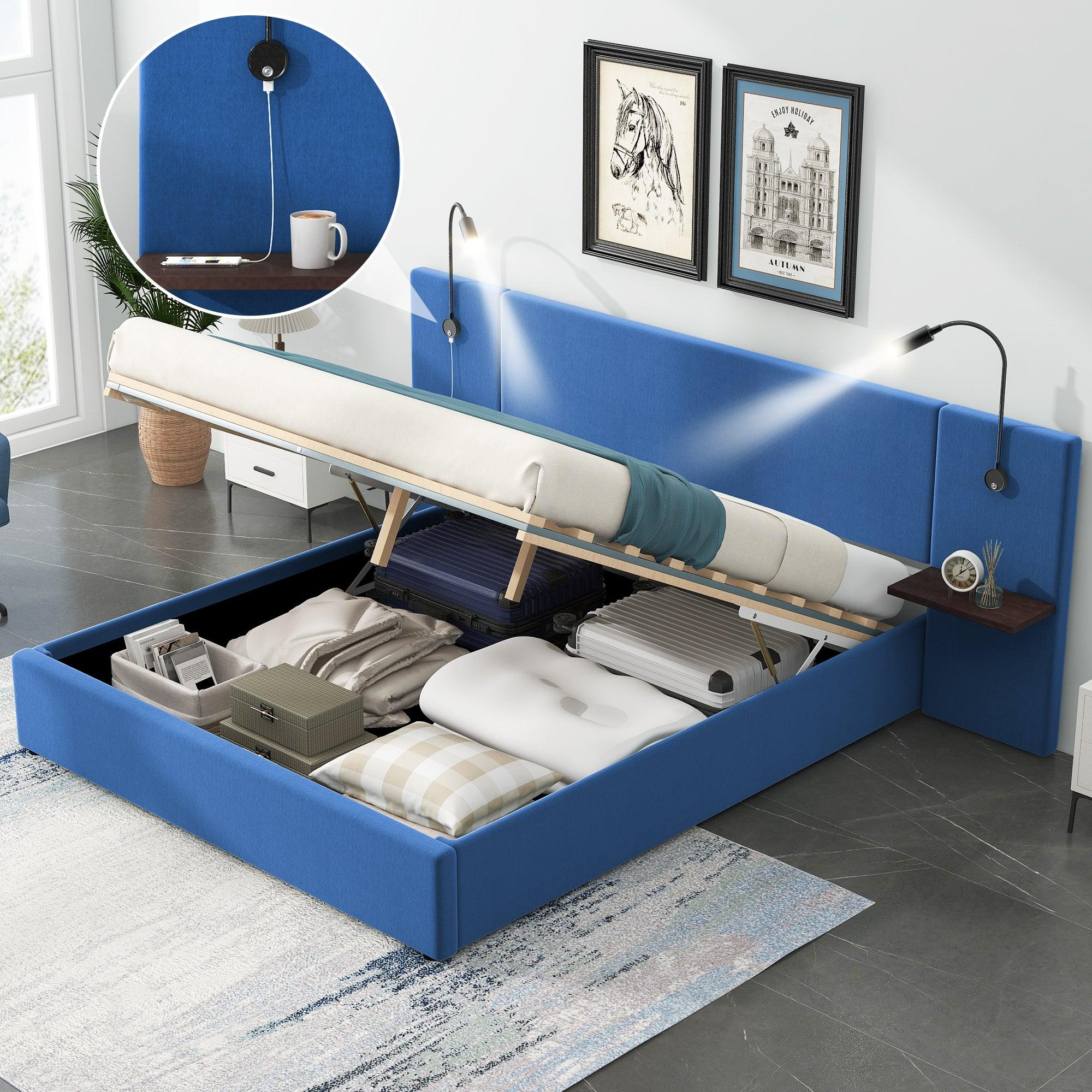 🆓🚛 Full Size Storage Upholstered Hydraulic Platform Bed With 2 Shelves, 2 Lights & Usb, Blue