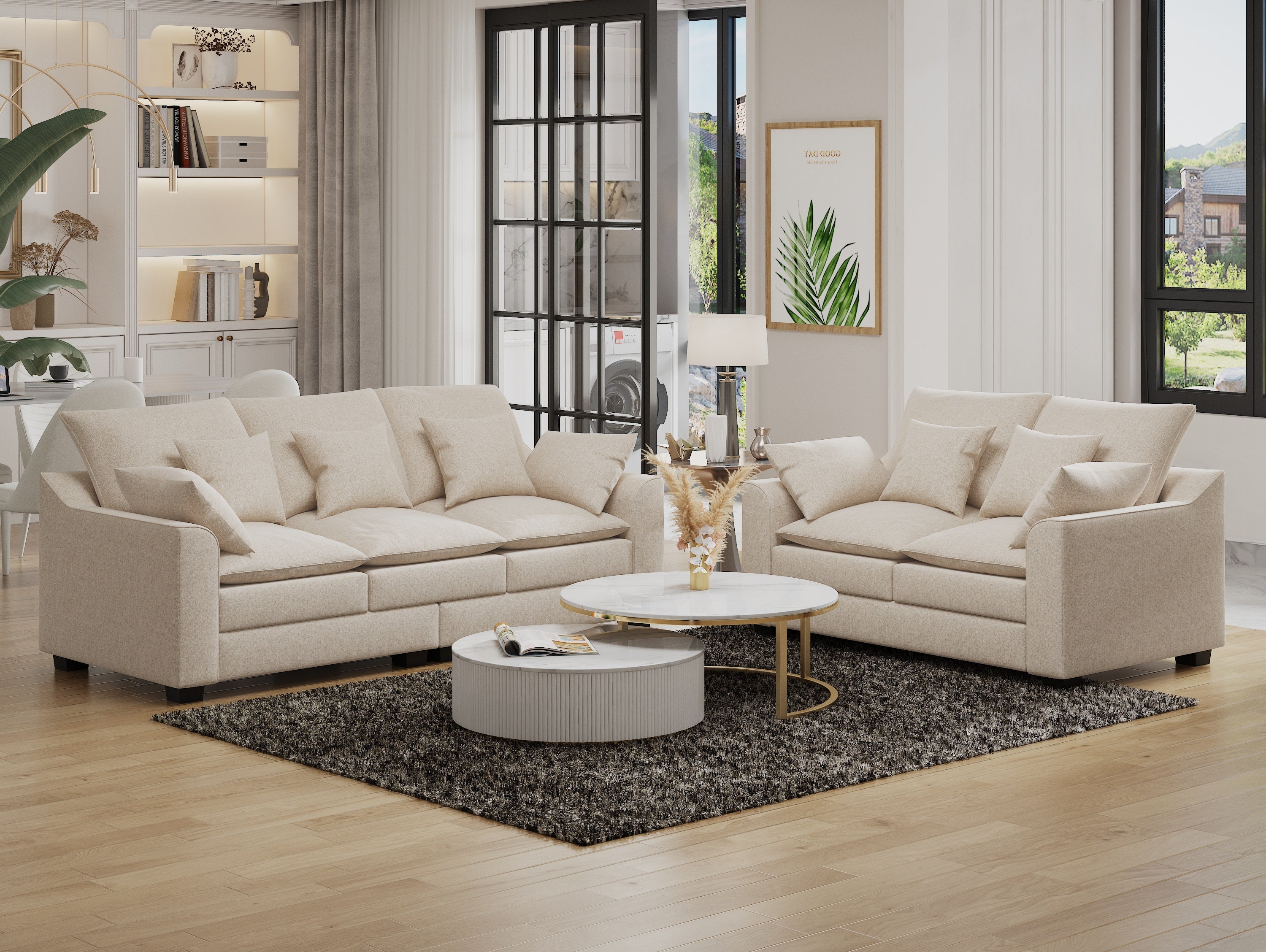 2 Pieces Sofa Couch 3-Seater and Loveseat With Pillows Polyester Upholstered Duck Down Filled Cushion Sofa Set for Living Room Apartment, Beige