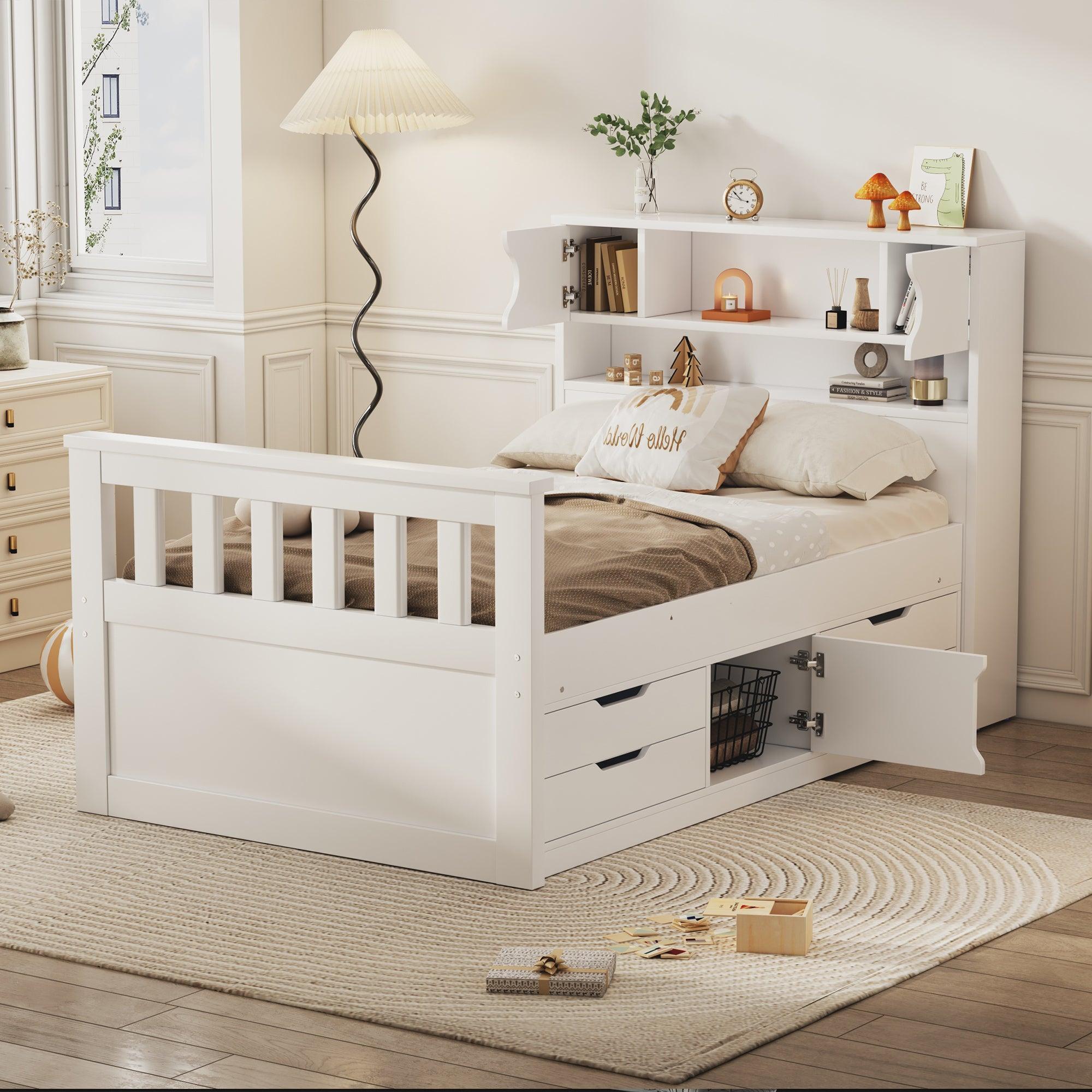 🆓🚛 Twin Size Captain Platform Bed Frame With Storage Bookcases & Shelves, Four Drawers, White