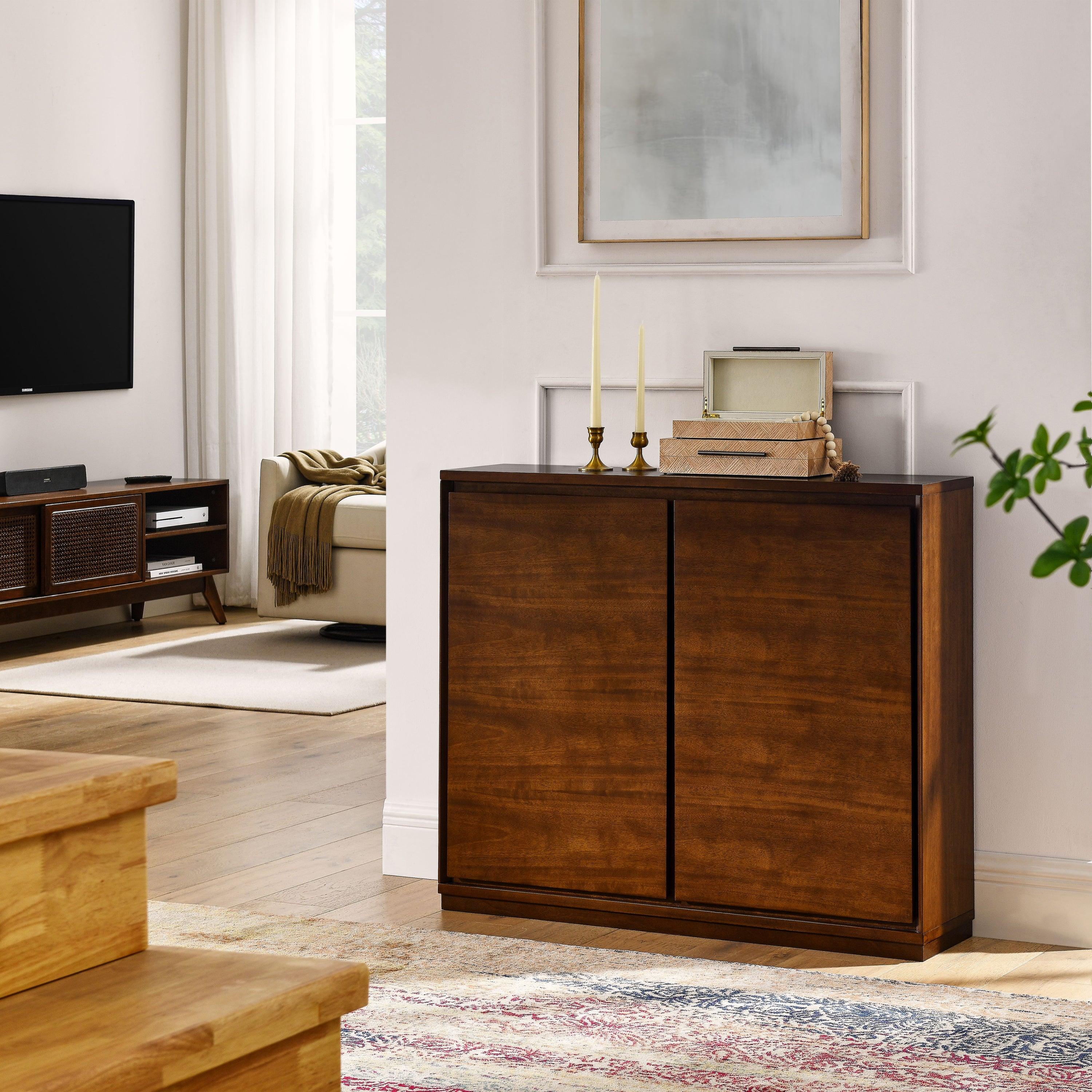 🆓🚛 Walnut-Colored Sideboard, Buffet Cabinet With 2 Outlet Holes, Storage Cabinet for Entryway, Hallway, Living Room, Kitchen, Dining Room, Bedroom, 39"×9.25"×32.63"