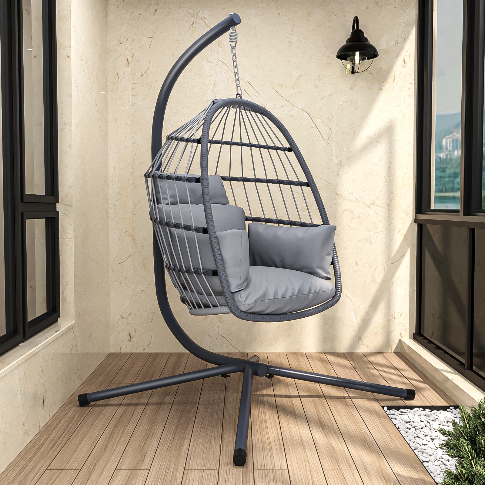 🆓🚛 Patio Foldable Hanging Swing Chair with Stand, Gray Color
