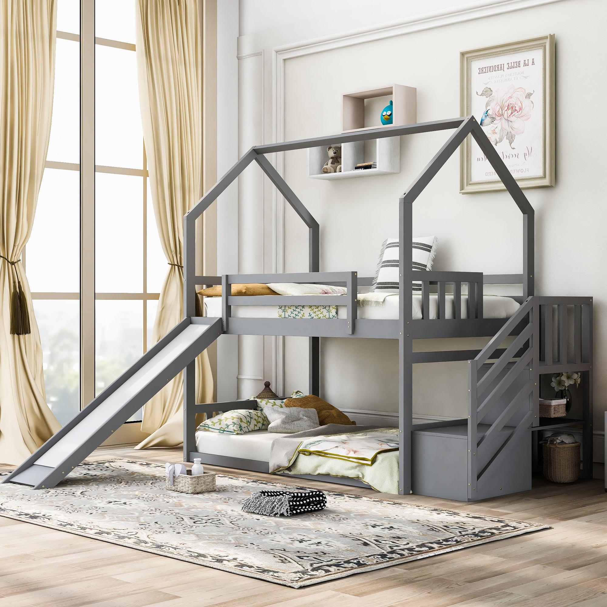 🆓🚛 Twin Over Twin House Bunk Bed With Convertible Slide, Storage Staircase Can Be Placed Left Or Right, Gray