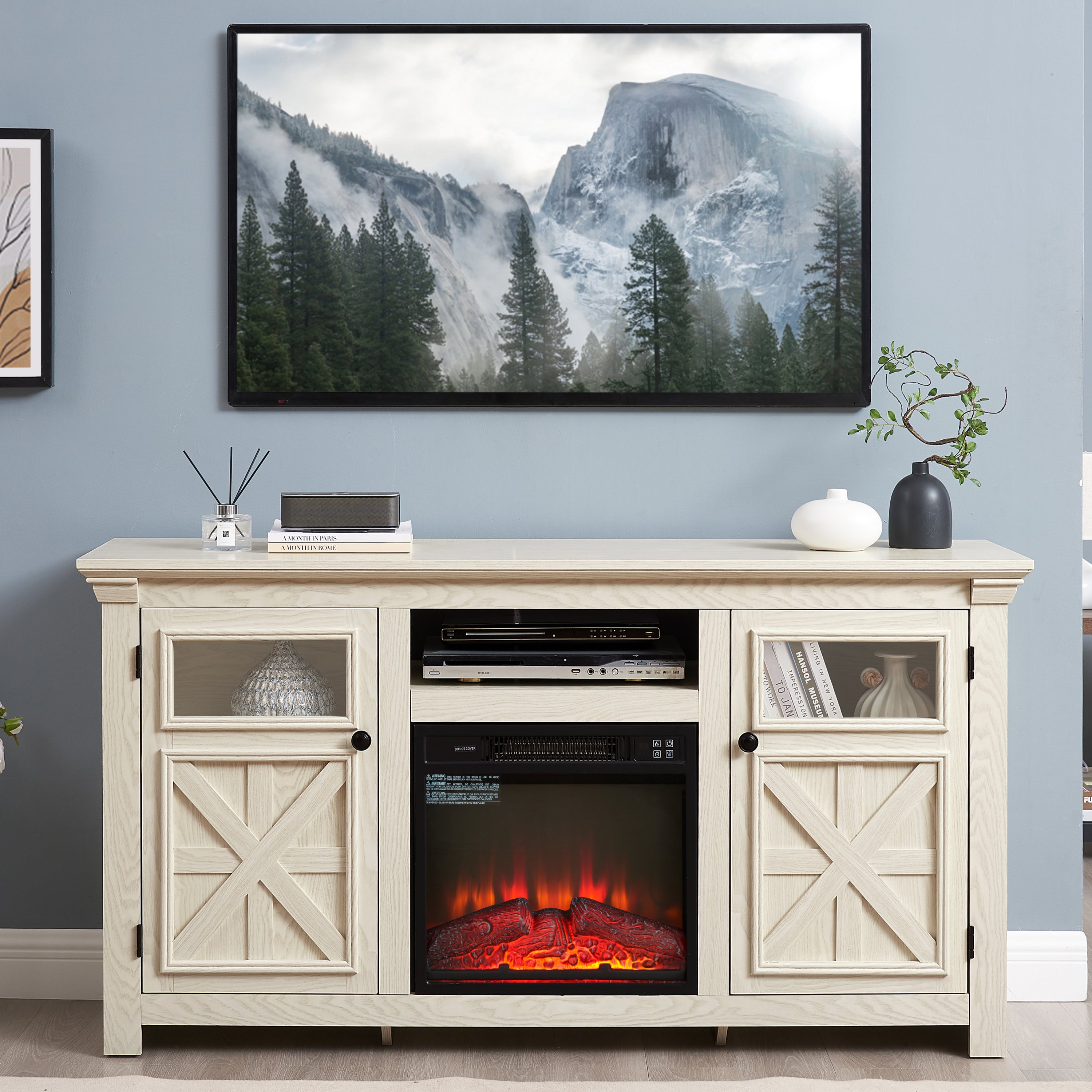 2 Doors Cabinet Farmhouse Cabinet, Farmhouse TV Stand Barn Design, Modern Farmhouse TV Media Stand, Large Barn Inspired Home Entertainment Console With 18" Fireplace Insert, White, 60.23"W*15.35"D*31.7H