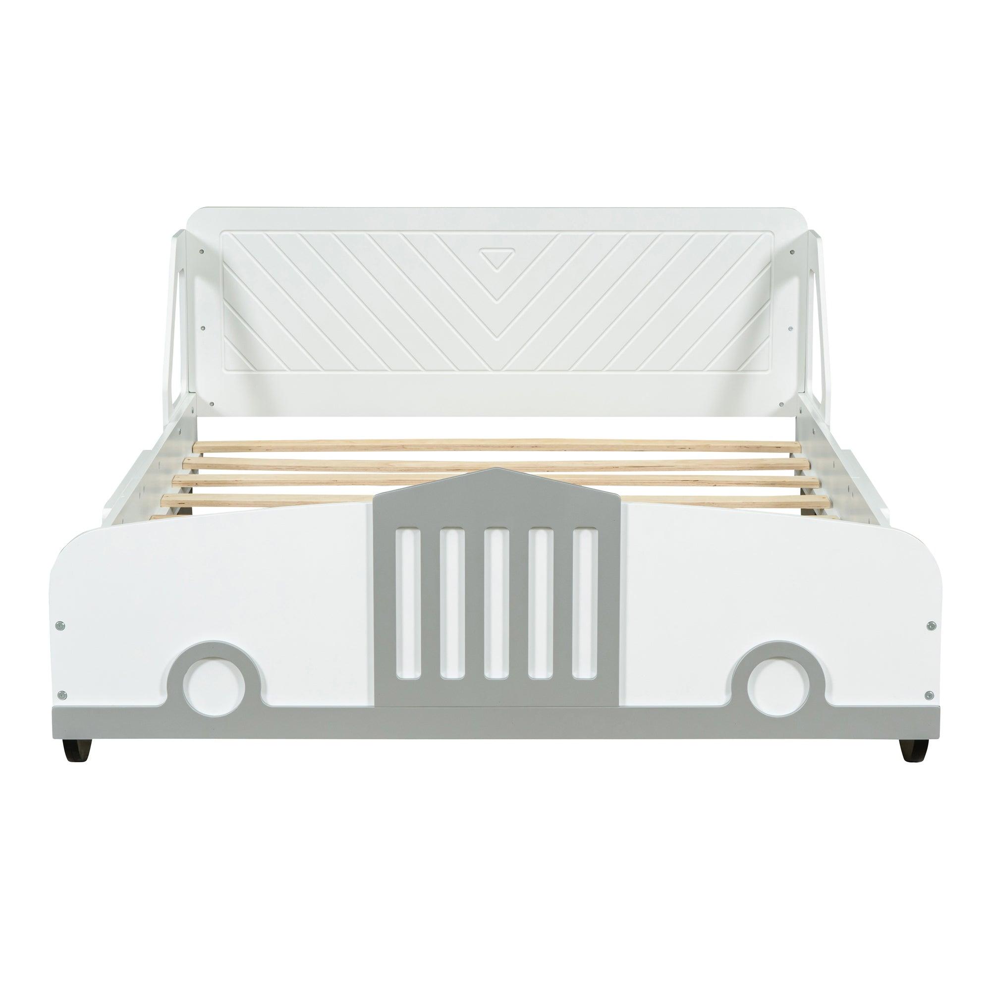 Full Size Car-Shaped Platform Bed with Wheels, White