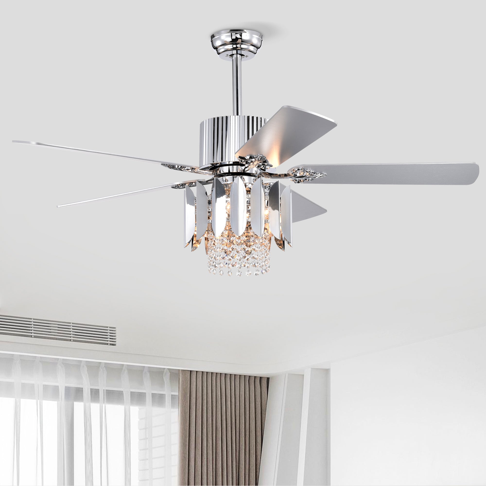 Crystal Ceiling Fan Reversible Blades 3 Wind Speeds Remote Control for Bedroom Living Dining Room, Chrome