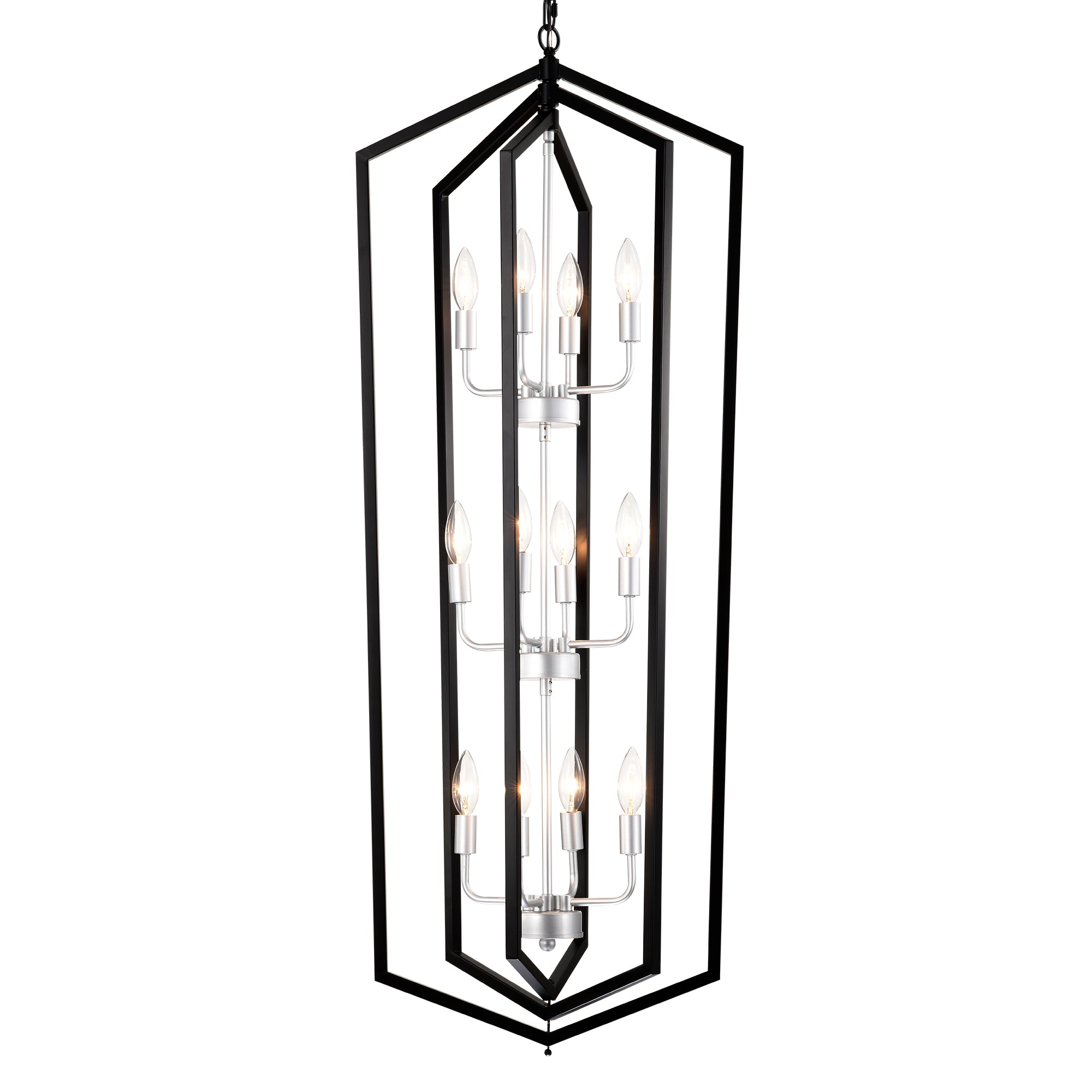 12-Light  Farmhouse Kitchen Chandeliers, Matte Black and Sliver Vintage Rustic Cage Light Fixture Adjustable Height Chandeliers for Dining Room Hallway Foyer Entryway (E12 Bulbs Not Included)