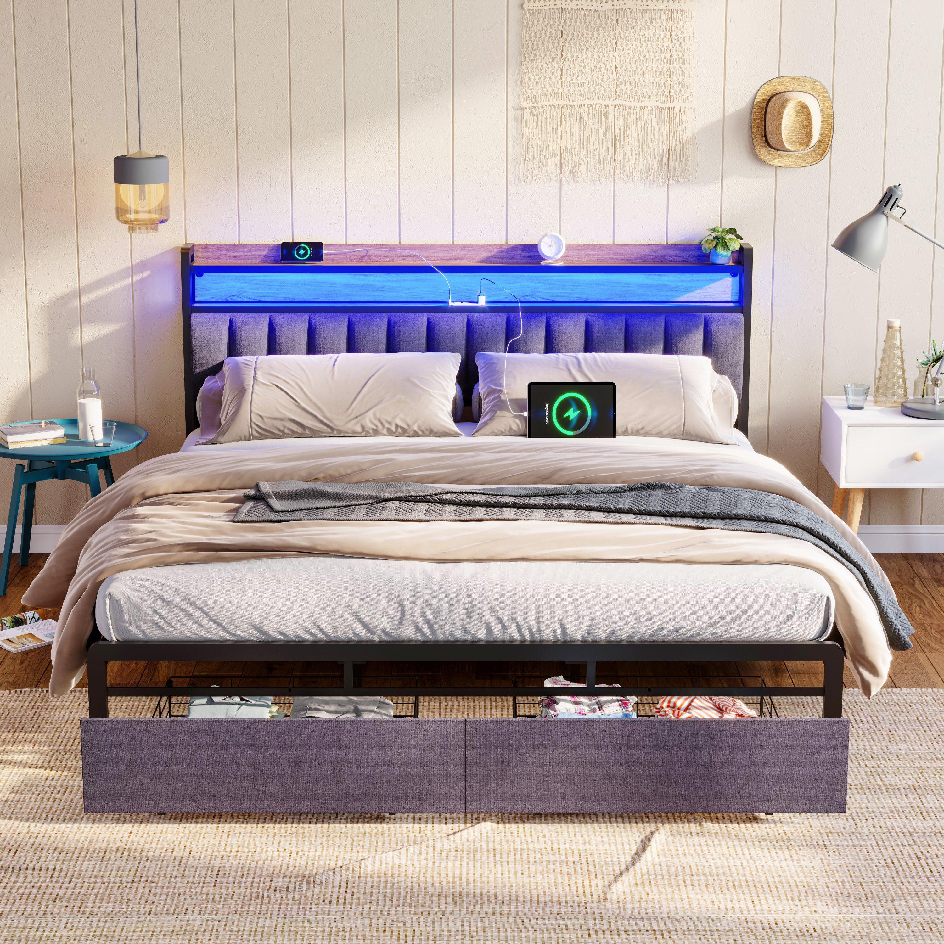 🆓🚛 King Bed Frames With Storage Headboard & Drawers, Led Platform Bed Frame King Size, Led Upholstered Bed Frame With Charging Station, No Box Spring Needed, Easy Assembly, Gray