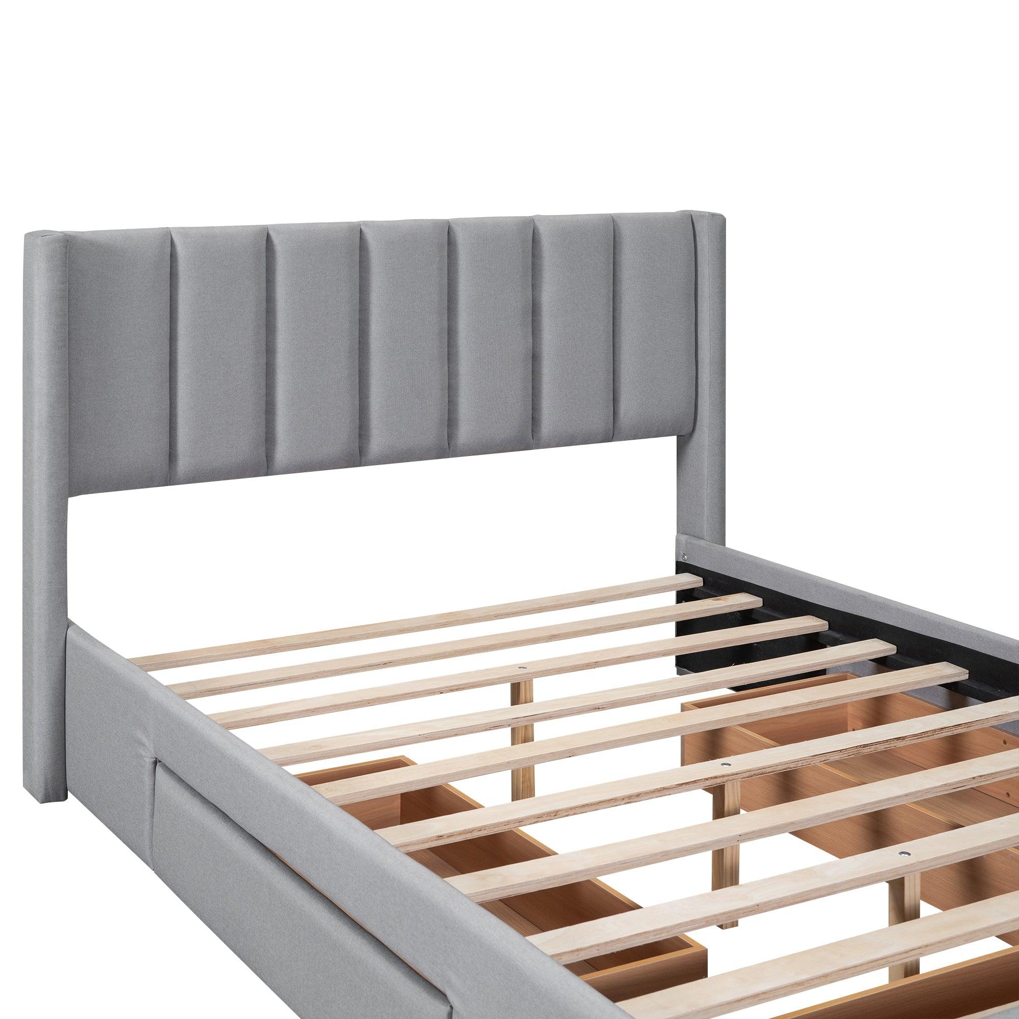 Full Size Upholstered Platform Bed with One Large Drawer in the Footboard and Drawer on Each Side, Gray