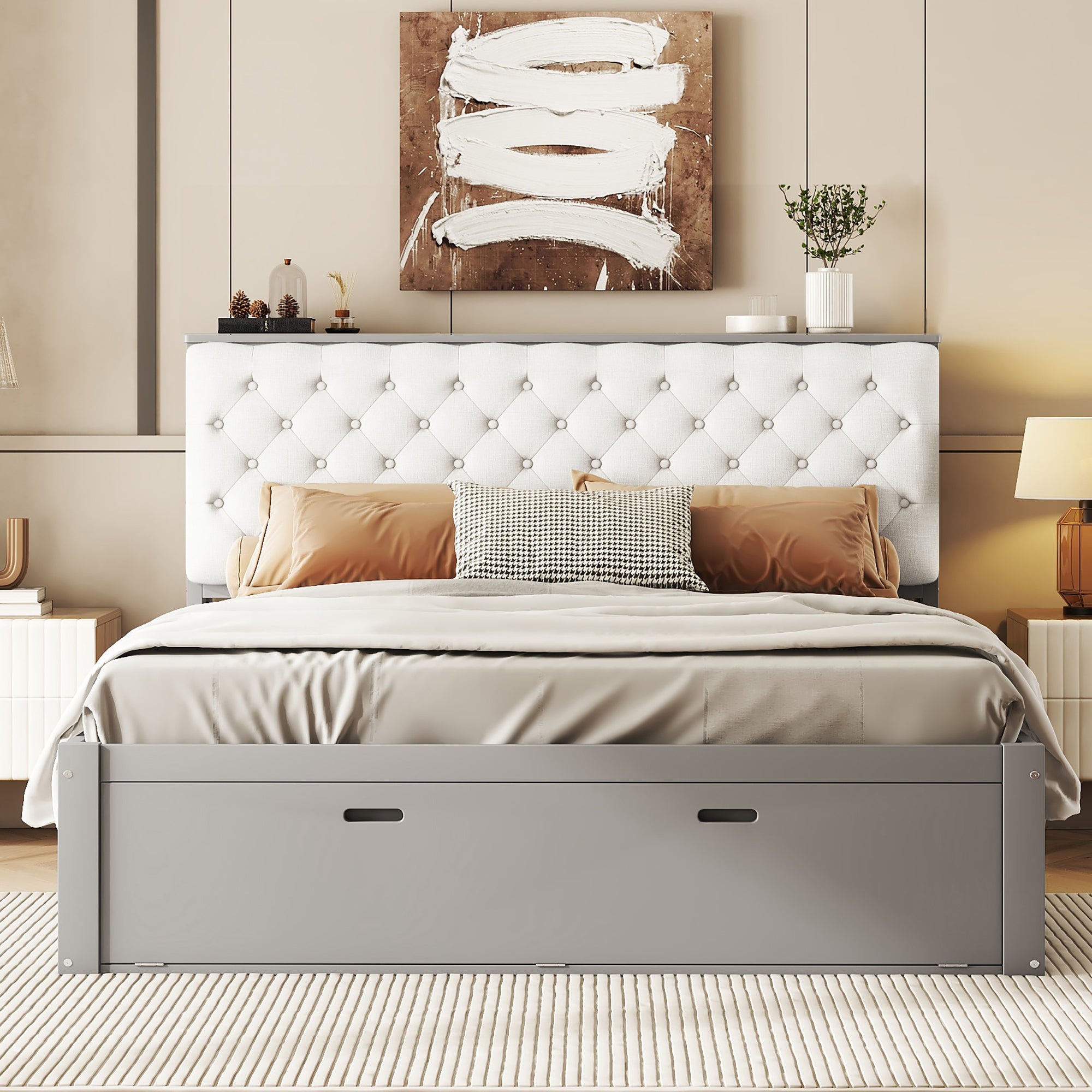 🆓🚛 Wood Queen Size Platform Bed with Storage Headboard, shoe rack and 4 drawers, Gray