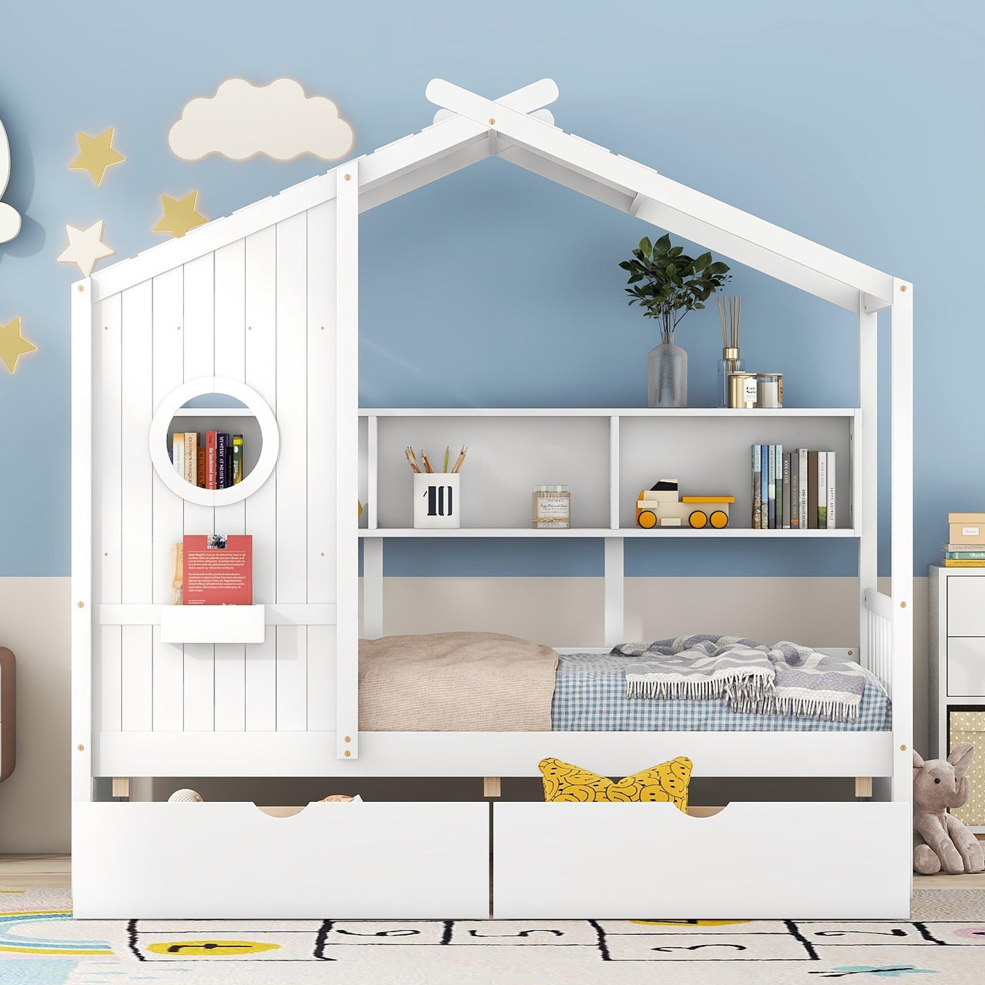 🆓🚛 Wooden Twin Size House Bed With 2 Drawers, Kids Bed With Storage Shelf, White