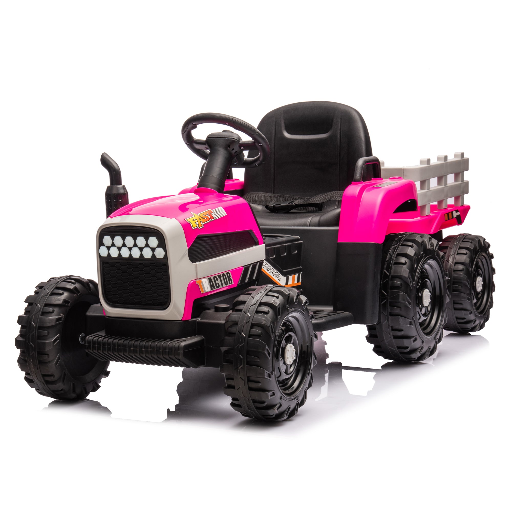 🆓🚛 Ride On Tractor With Trailer, 12V Battery Powered Electric Tractor Toy W/Remote Control, Electric Car for Kids, Three Speed Adjustable, Power Display, USB, Mp3, Bluetooth, Led Light, Two-Point Safety Belt, Rose Red