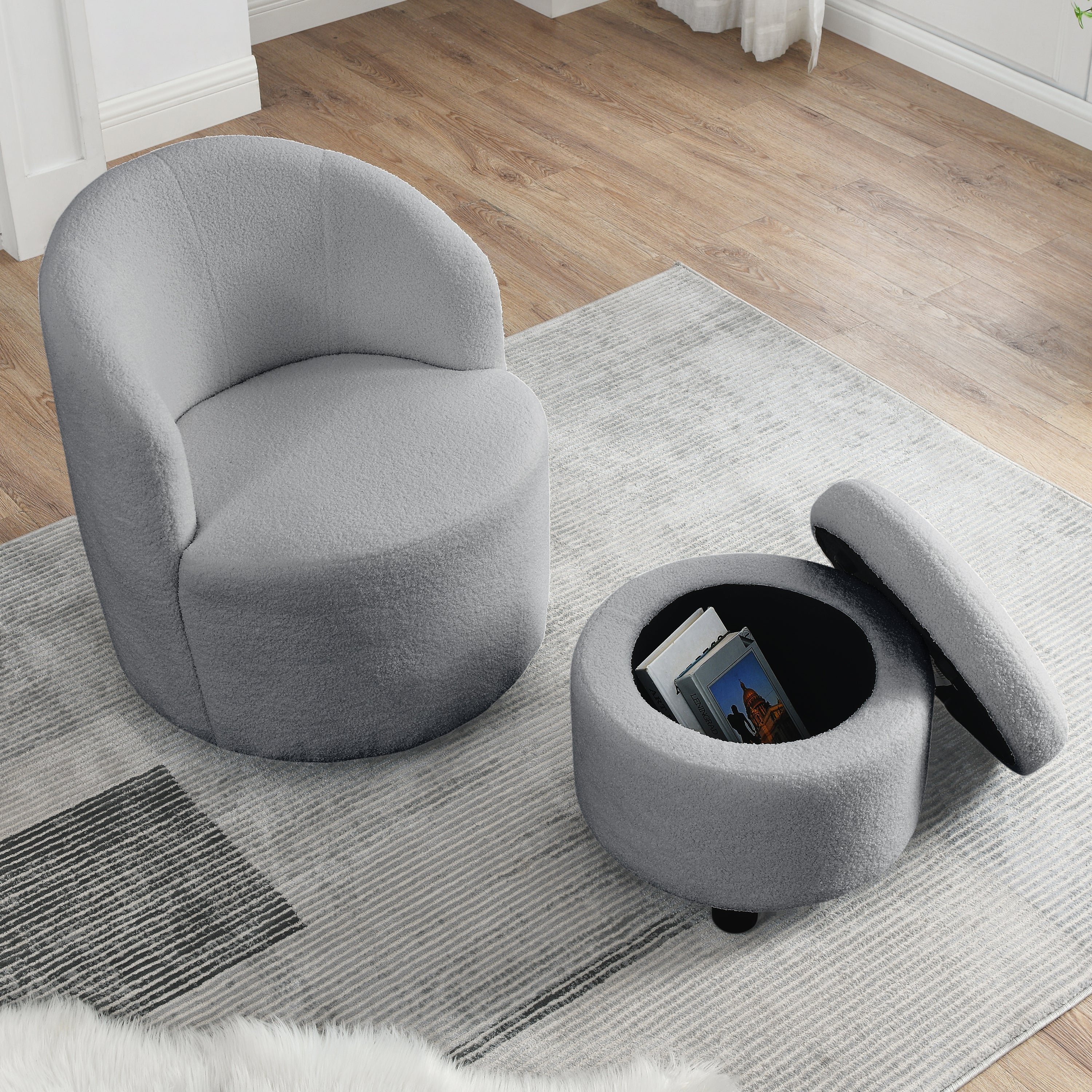 Welike Swivel Barrel Chair, Living Room Swivel Chair With Round Storage Chair, 360 ° Swivel Club Chair, Nursery, Bedroom, Office, Hotel With Upholstered Modern Armchair, Teddy Fabric