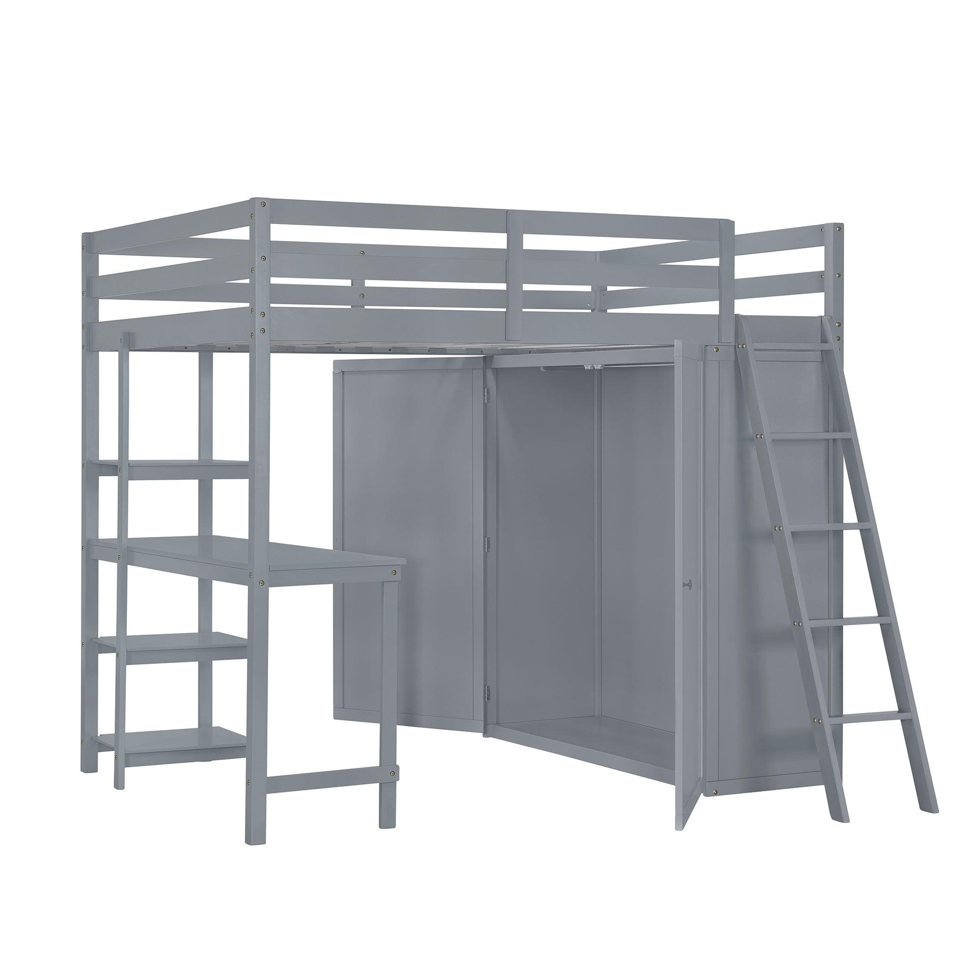 Full Size Loft Bed with Wardrobe and Desk and Shelves, Gray