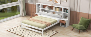 Full Size Platform Bed with Storage Headboard and Drawers, White