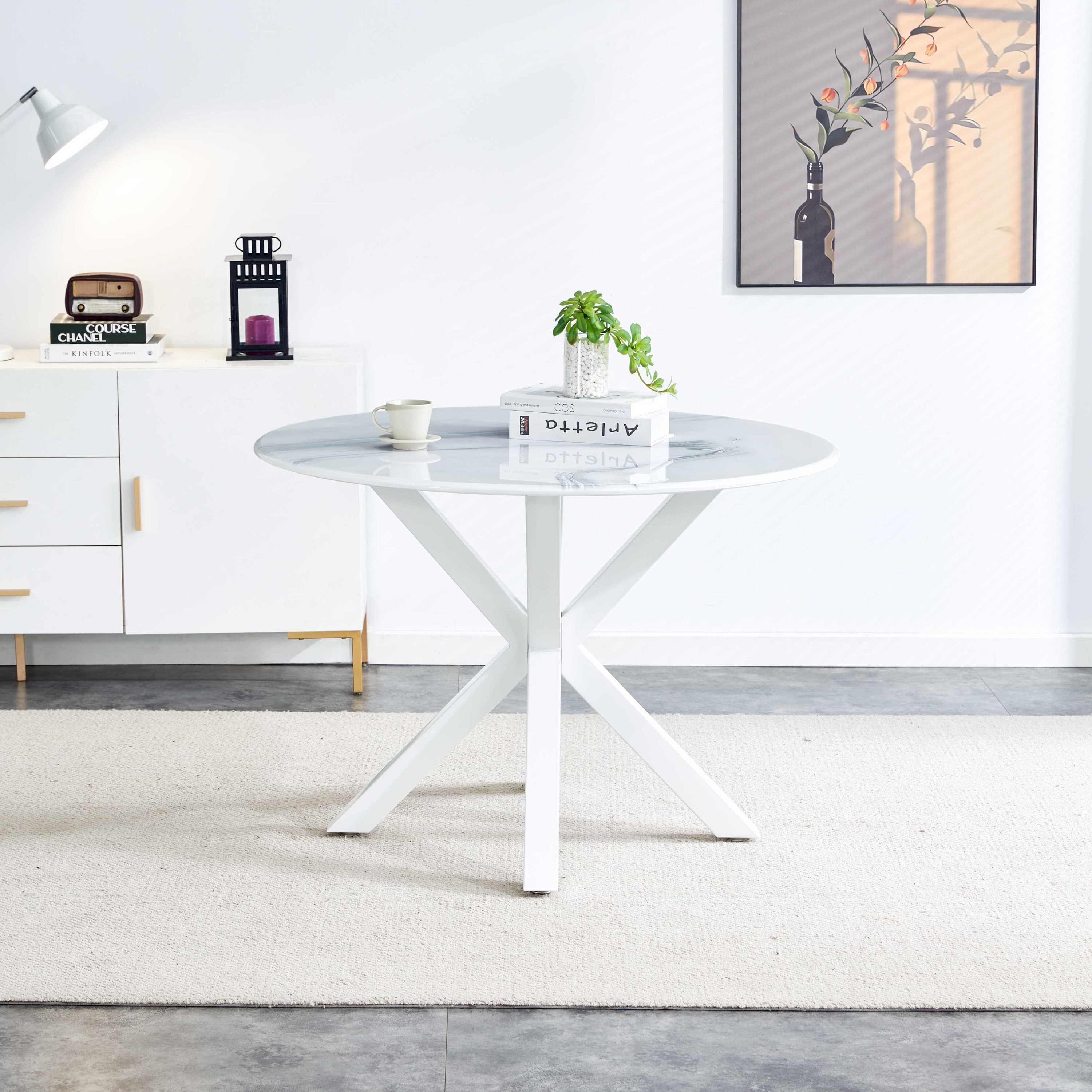 42.1" White Table Cross Leg Mid-Century Dining Table for 4-6 People With Round Mdf Table Top, Pedestal Dining Table, End Table Leisure Coffee Table