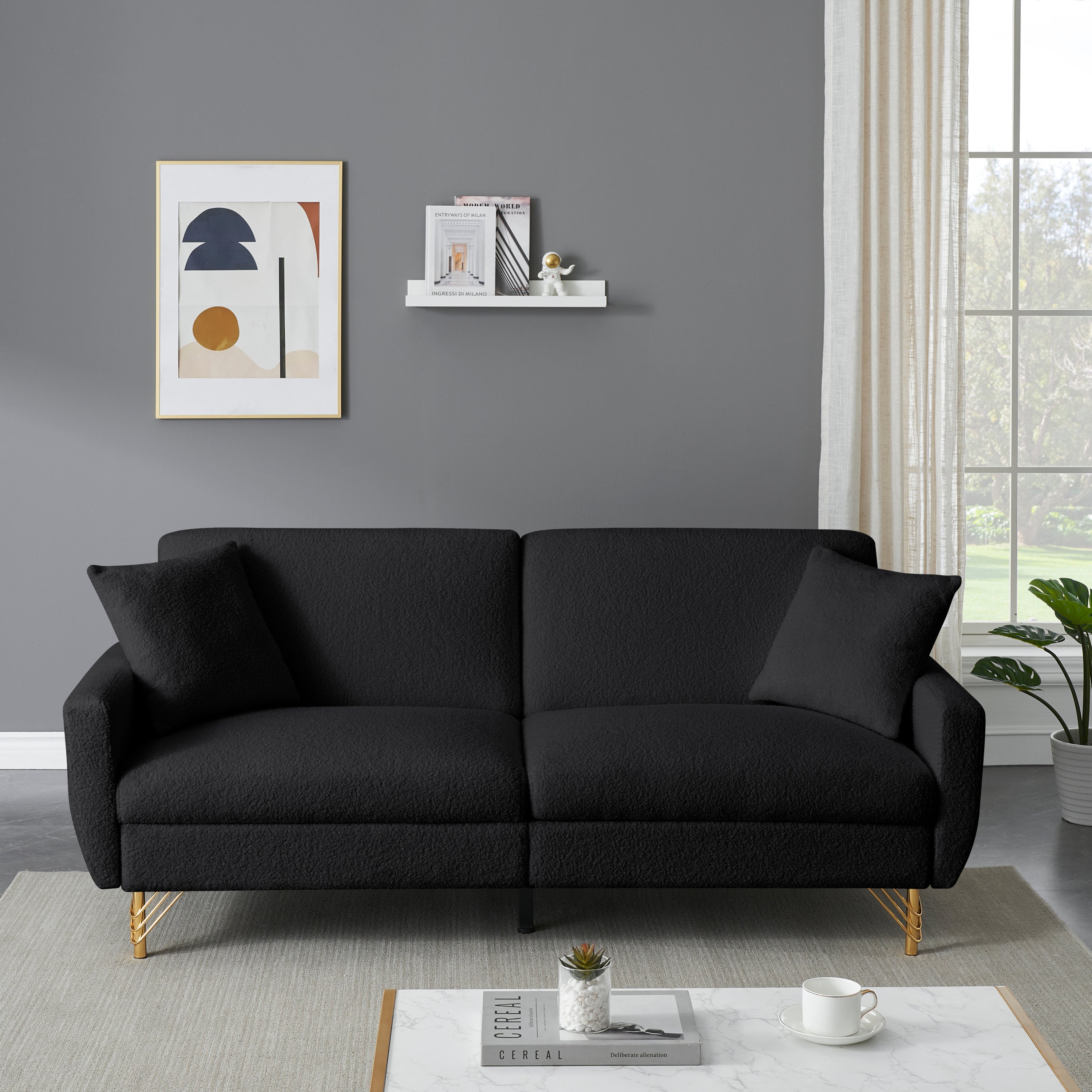 🆓🚛 74.41" Teddy Velvet Sofa Bed With Separate Adjustment Backrest and Storage Function, Black