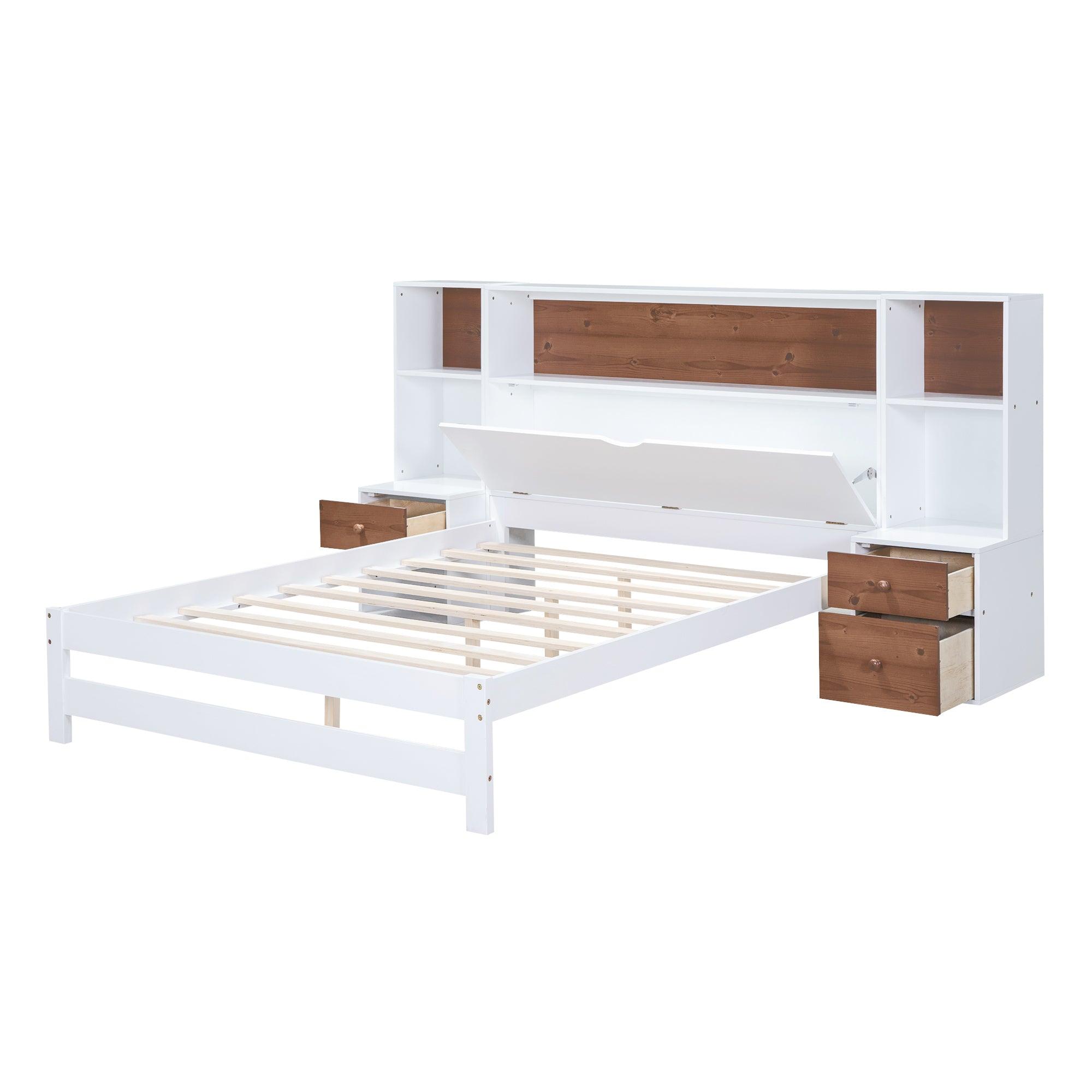 Full Size Platform Bed with Storage Headboard and Drawers, White