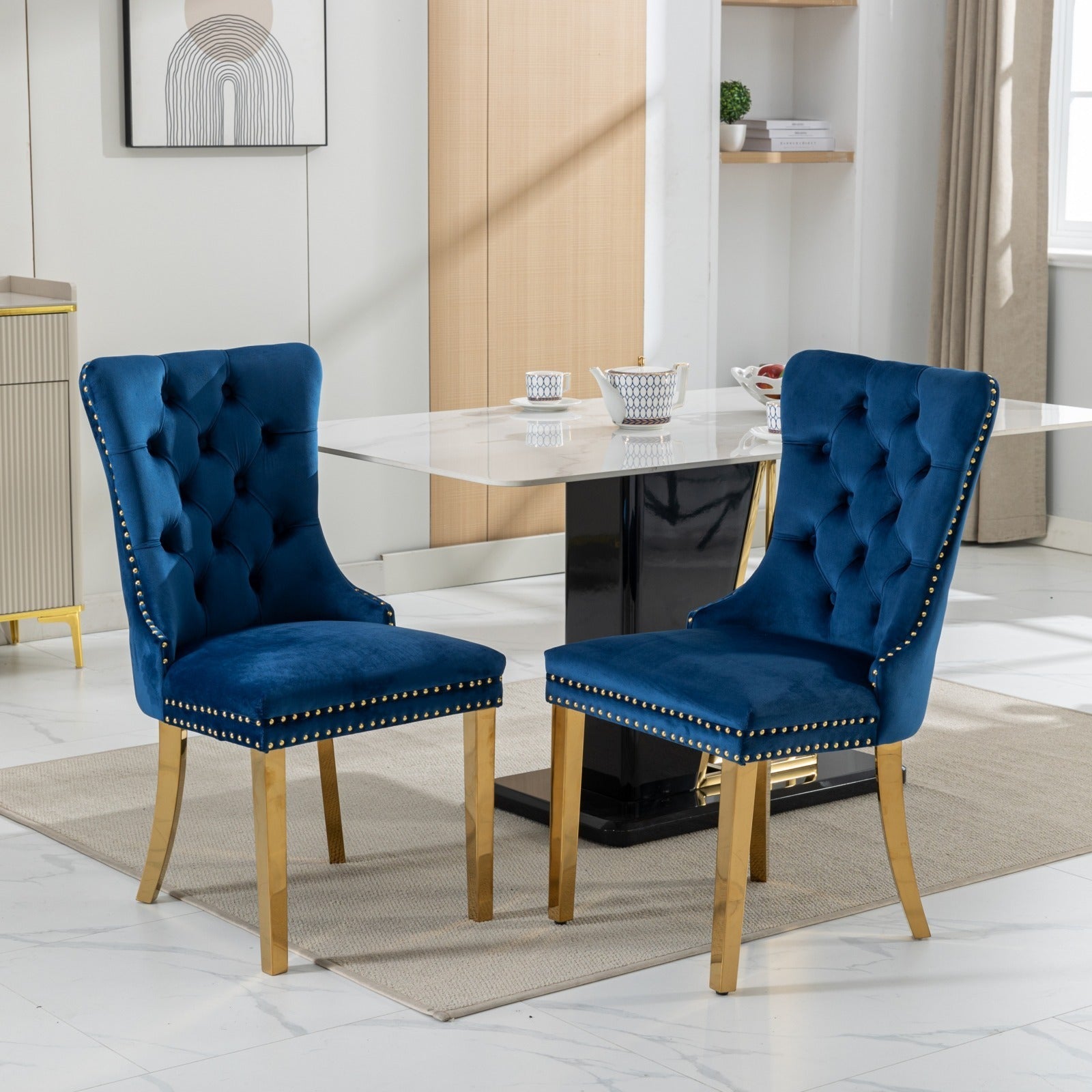 🆓🚛 High-End Tufted Solid Wood Contemporary Velvet Upholstered Dining Chair With Golden Stainless Steel Plating Legs, Nailhead Trim, Set of 2, Blue and Gold