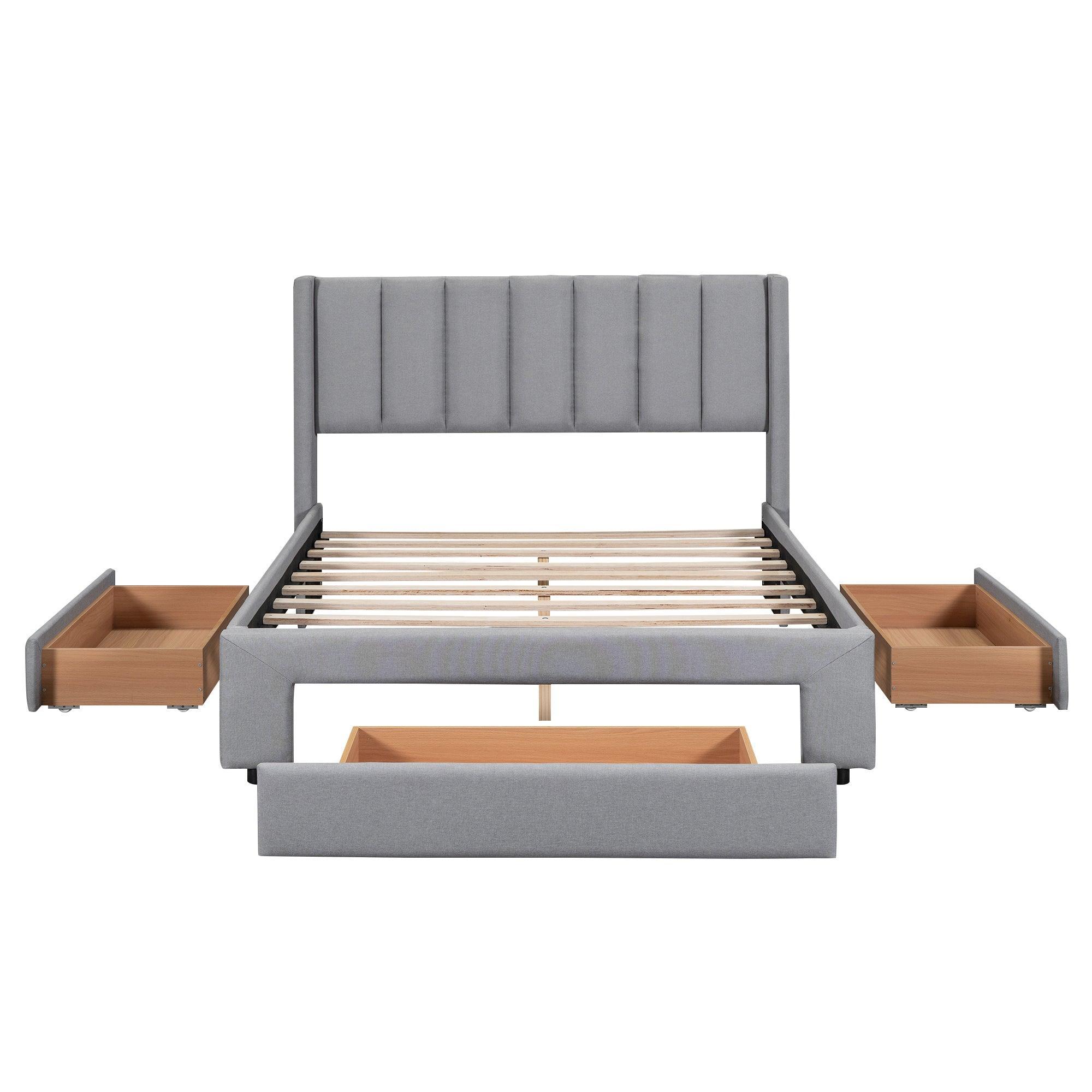 Full Size Upholstered Platform Bed with One Large Drawer in the Footboard and Drawer on Each Side, Gray