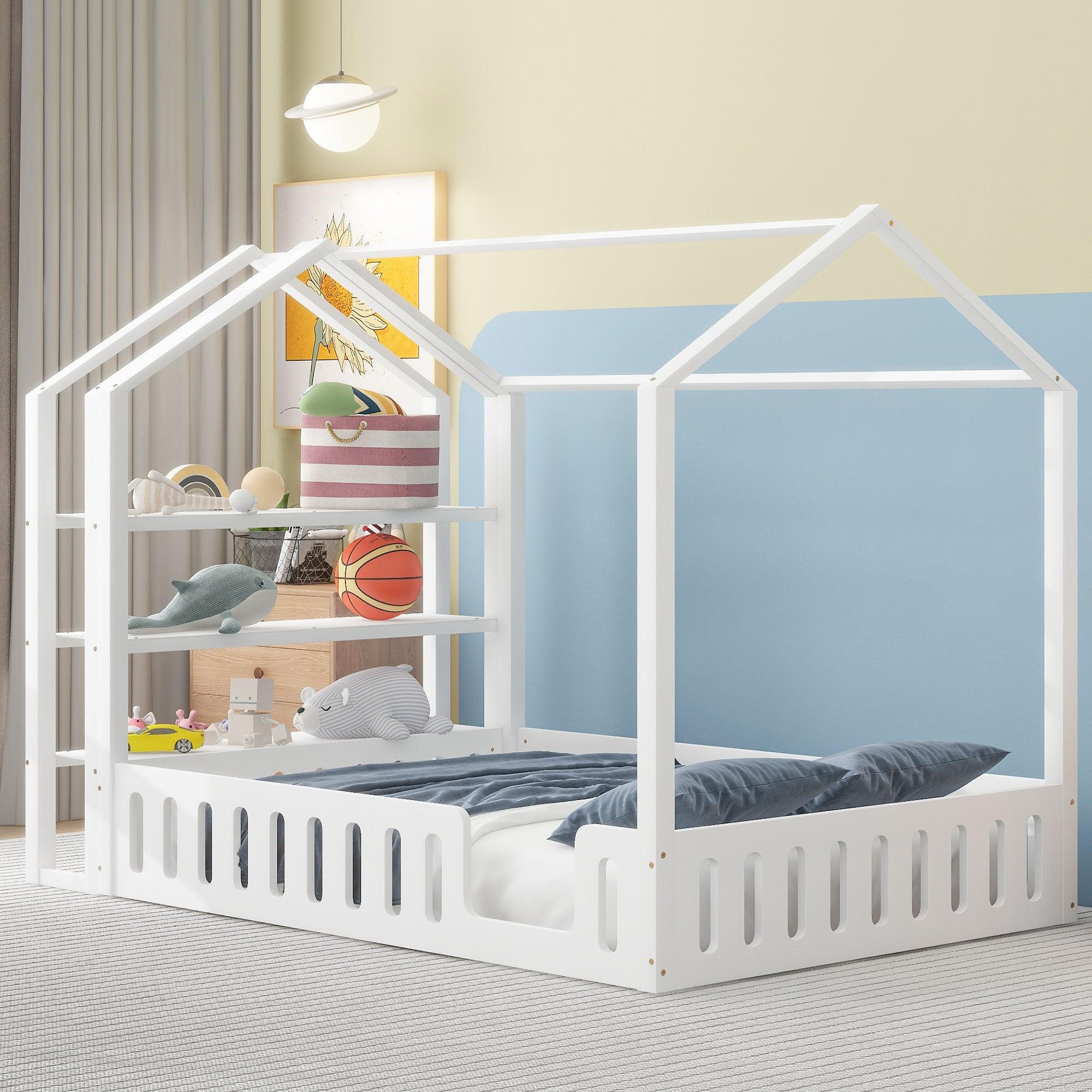 🆓🚛 Full Size Wood House Bed With Fence & Detachable Storage Shelves, White