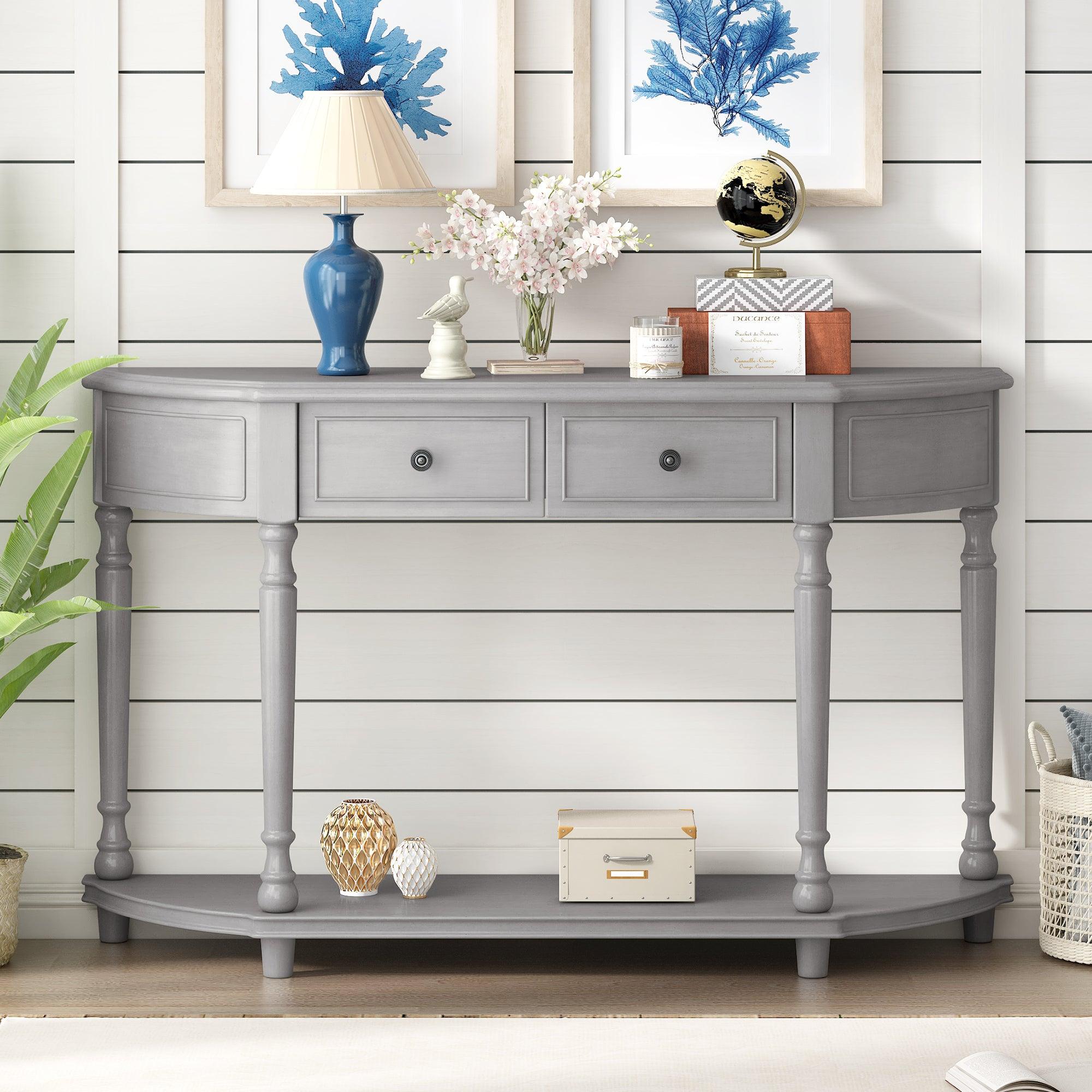 🆓🚛 Retro Circular Curved Design Console Table With Open Style Shelf Solid Wooden Frame & Legs Two Top Drawers, Gray Wash,