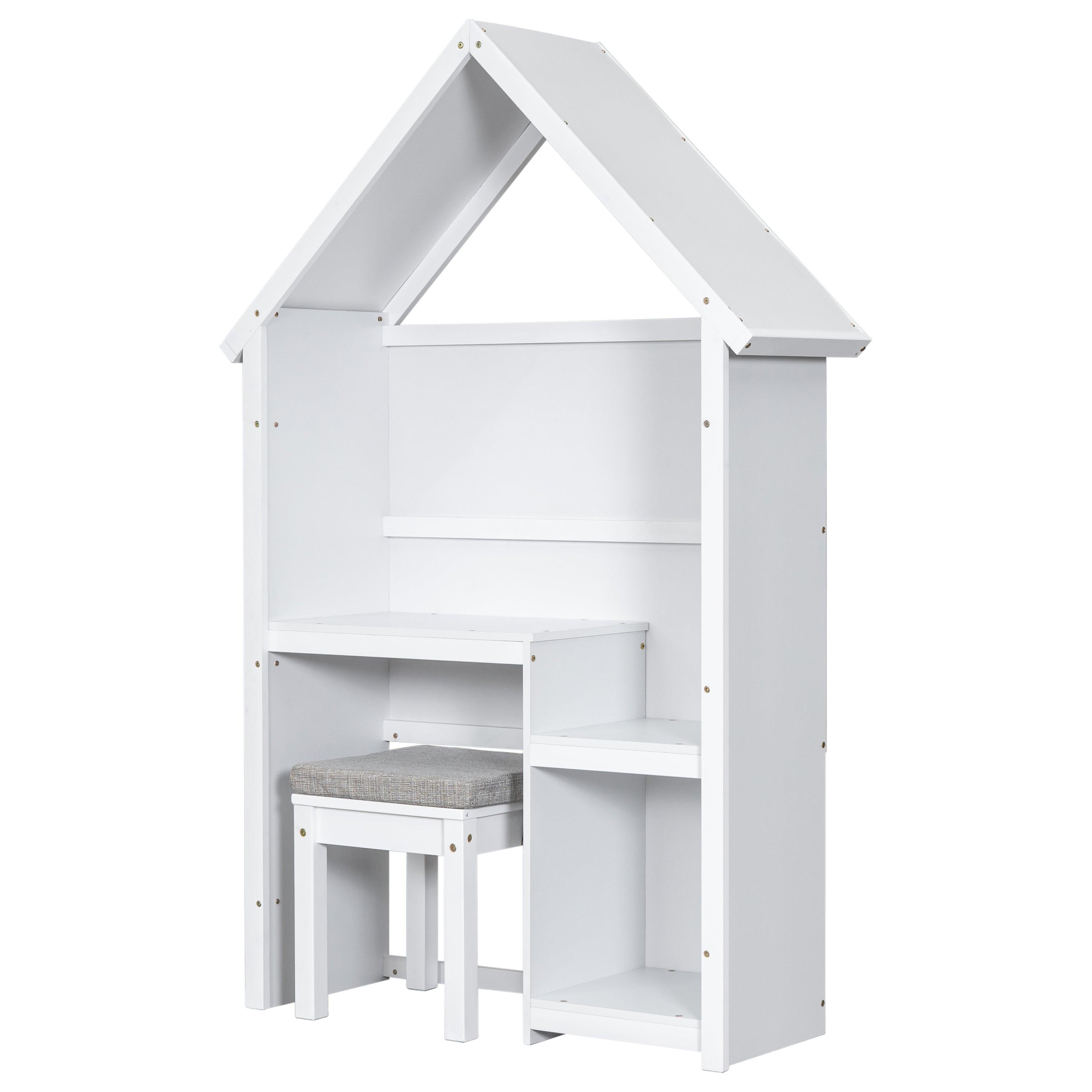 House-Shaped Desk With A Cushion Stool, White