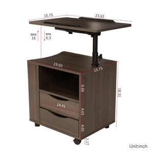 GINTEL Height Adjustable Overbed Nightstand w/ Swivel Top, Drawers, Wheels & Open Shelf - Brown