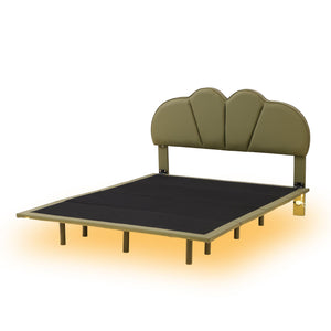 Full Size Upholstery Platform Bed with PU Leather Headboard and Support Legs, Underbed LED Light, Green