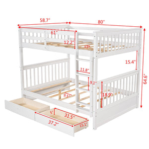 Full-Over-Full Bunk Bed with Ladders and Two Storage Drawers (White)