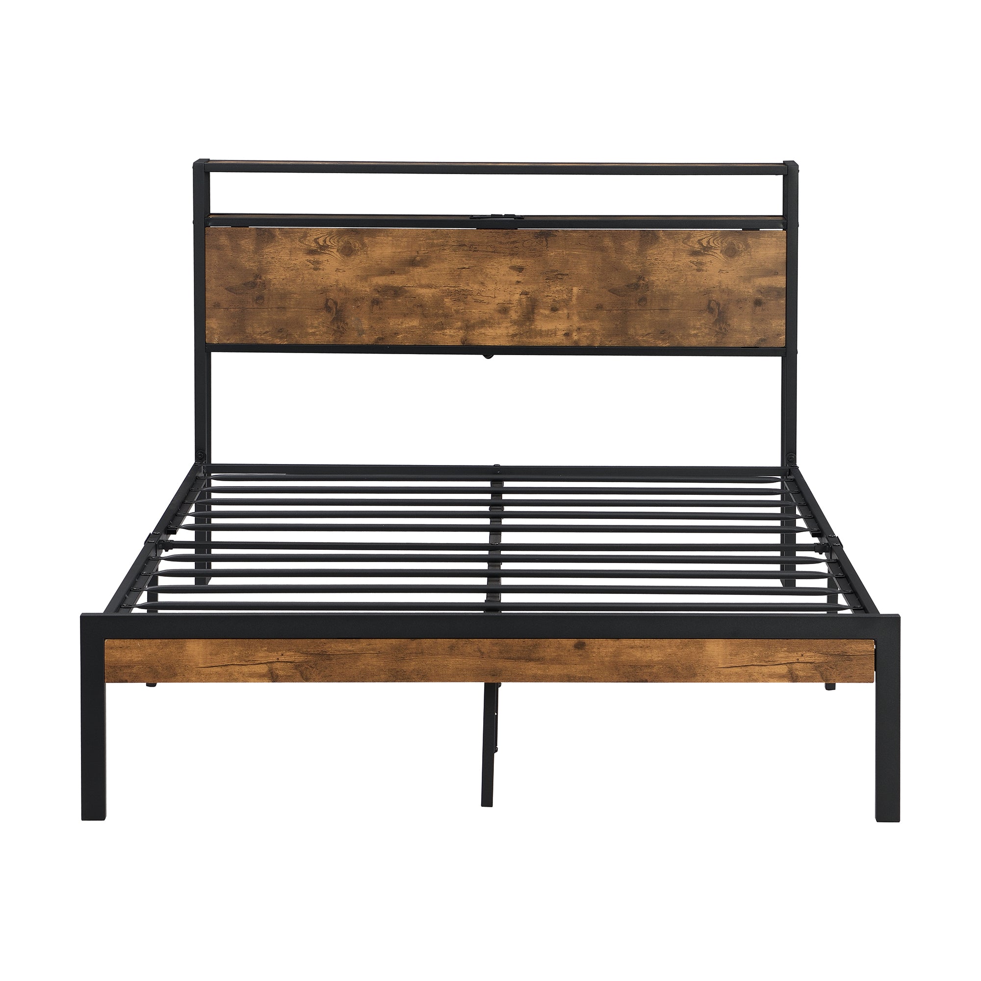 Full Size Metal Platform Bed Frame With Wooden Headboard and Footboard With Usb Liner, No Box Spring Needed, Large Under Bed Storage, Easy Assemble