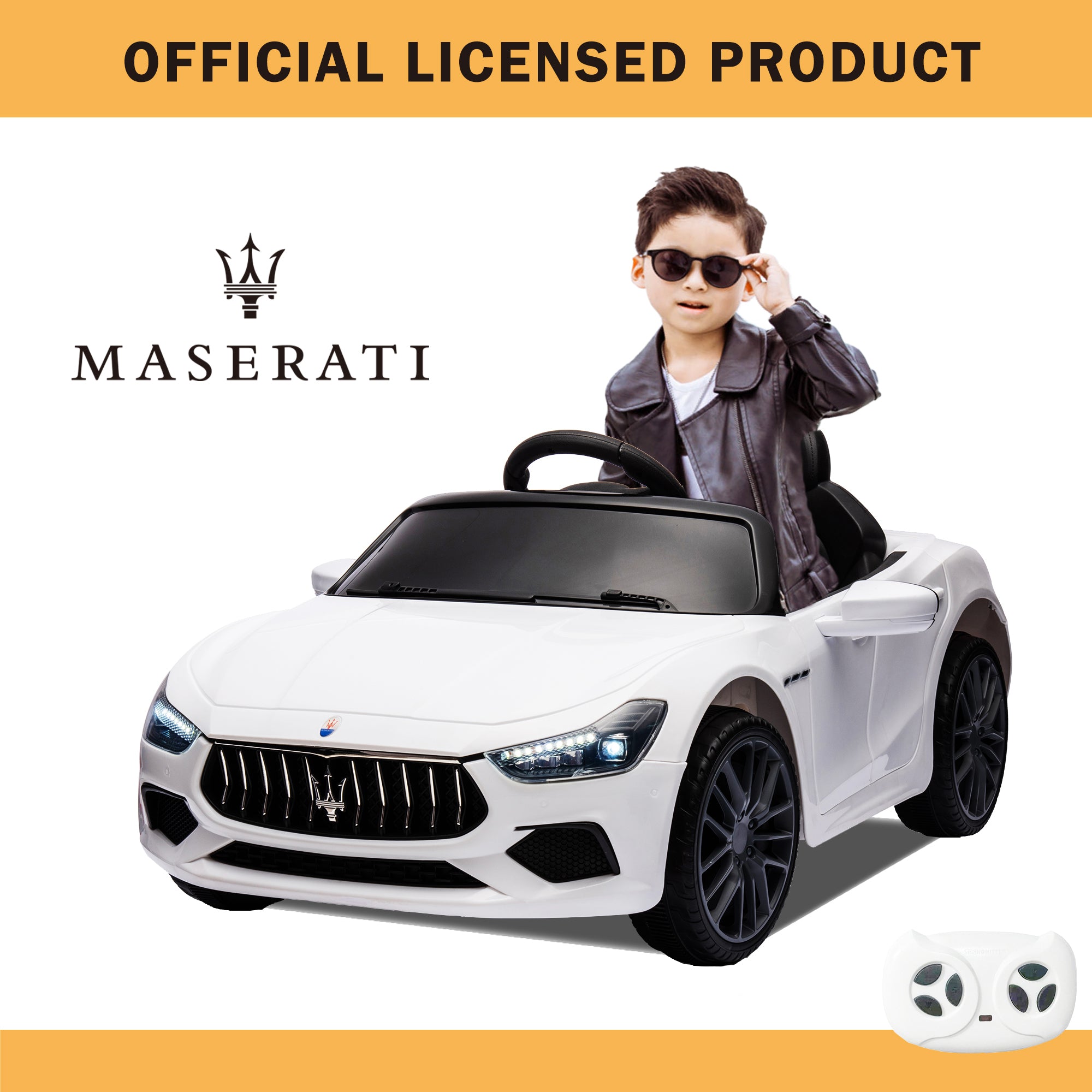 White, Ride On Car, Licensed Maserati 12V, Rechargeable Battery Powered Electric Car With 2 Motors, Parental Remote Control & Manual Modes, Led Lights, Mp3, Horn, Music, 4-Wheel, Gift for Boys Girls