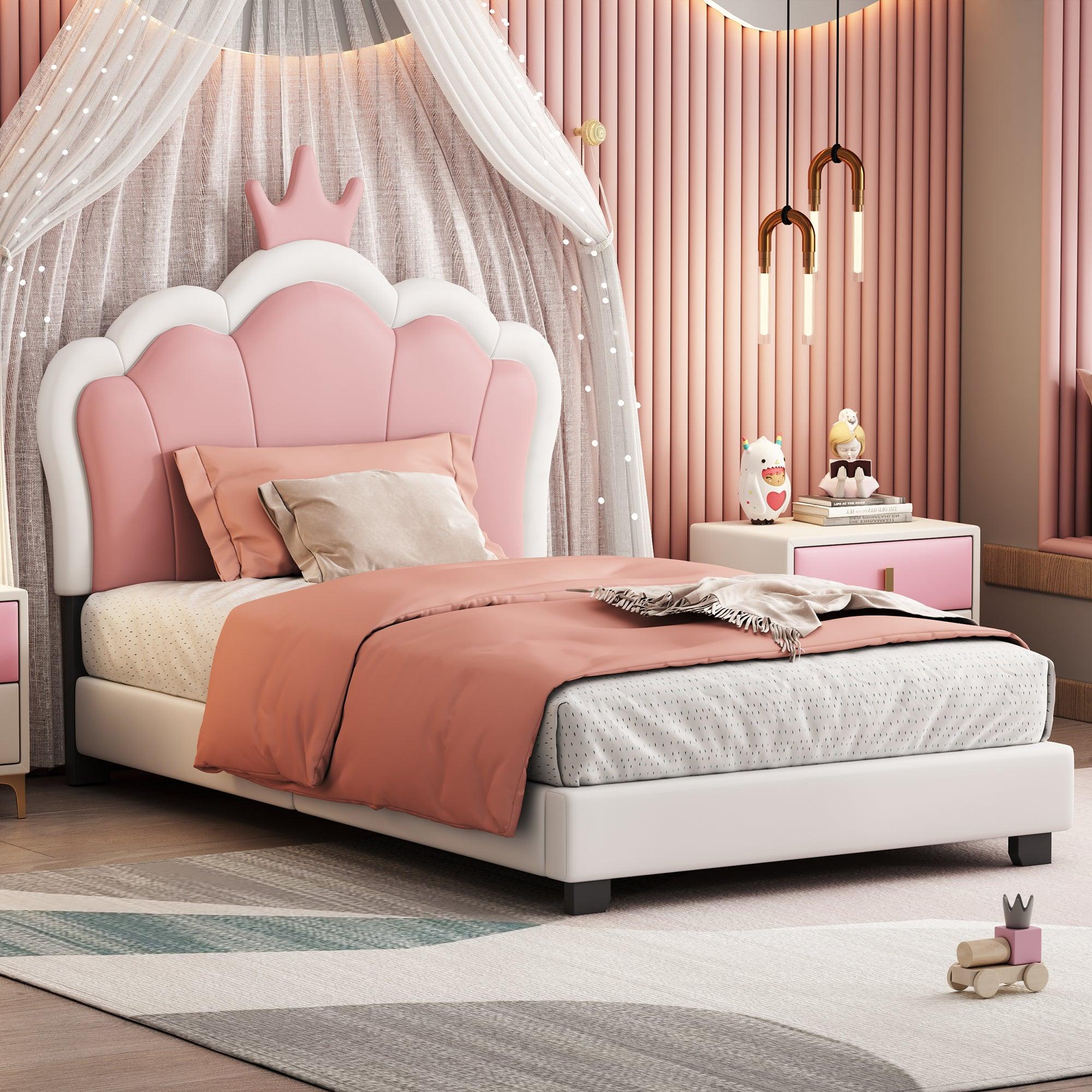 🆓🚛 Twin Size Upholstered Princess Bed With Crown Headboard, Twin Size Platform Bed With Headboard & Footboard, White+Pink