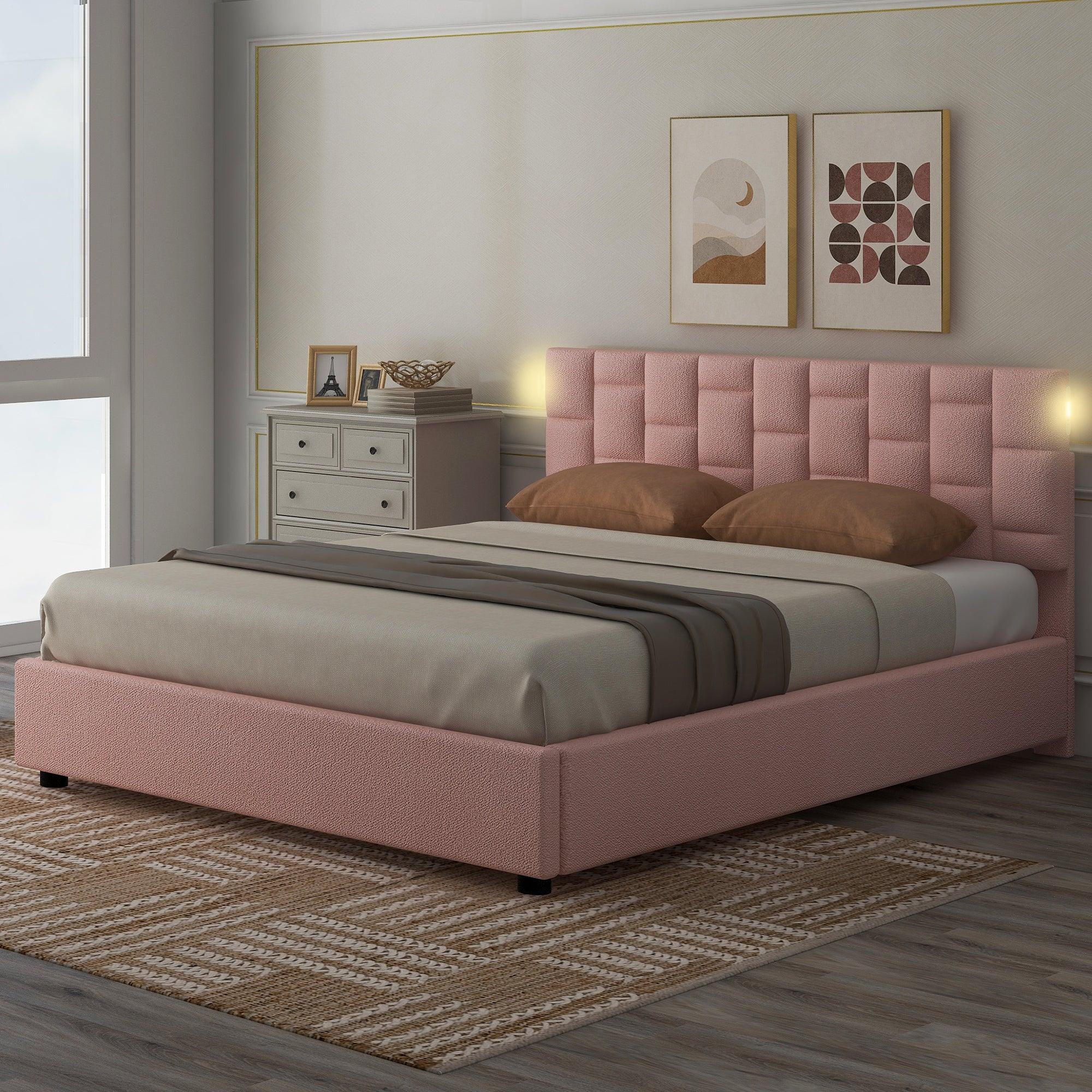 🆓🚛 Queen Size Upholstered Platform bed with Height-adjustable Headboard and Under-bed Storage Space, Pink