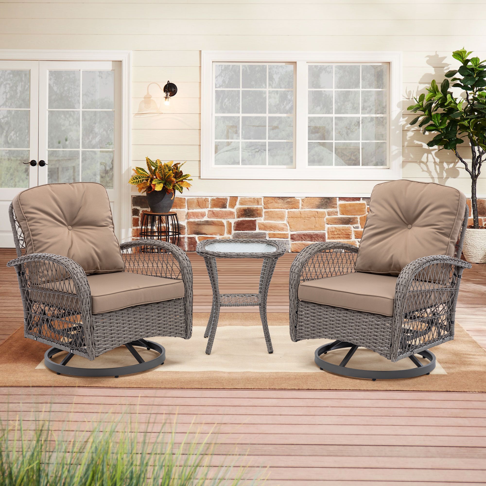 🆓🚛 3 Pieces Outdoor Swivel Rocker Patio Chairs, 360 Degree Rocking Patio Conversation Set With Thickened Cushions and Glass Coffee Table for Backyard, Khaki